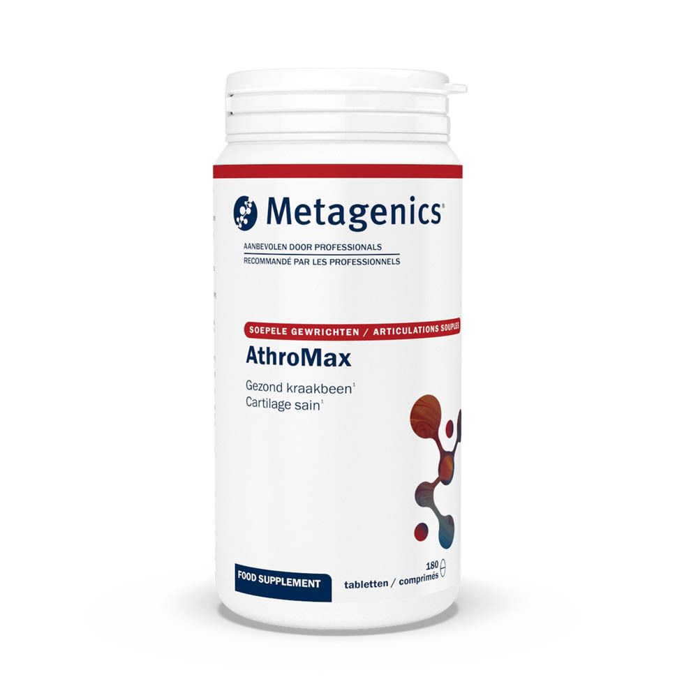 Flacon blanc AthroMax Metagenics. Contient 180 comprimés. Graphique bleu et vert. Contribue à la santé du cartilage.