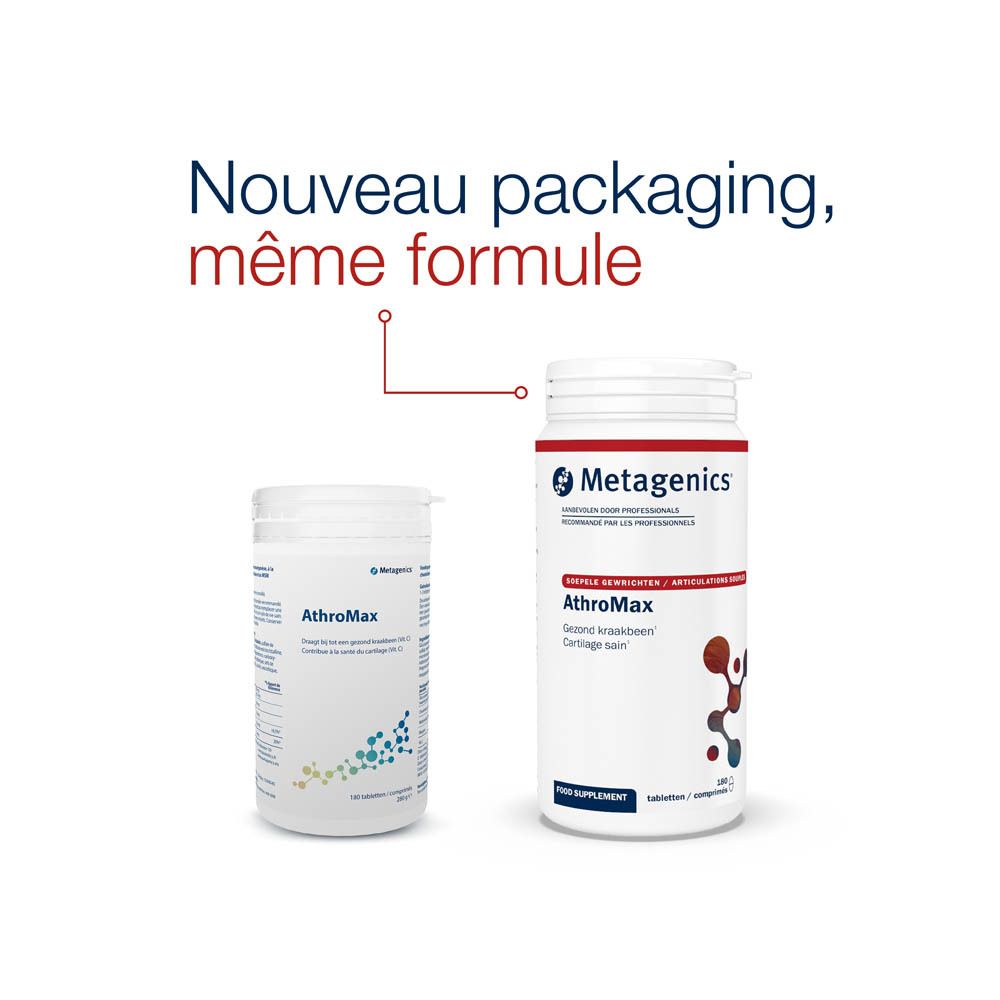 Flacon blanc AthroMax Metagenics. Contient 180 comprimés. Graphique bleu et vert. Contribue à la santé du cartilage.