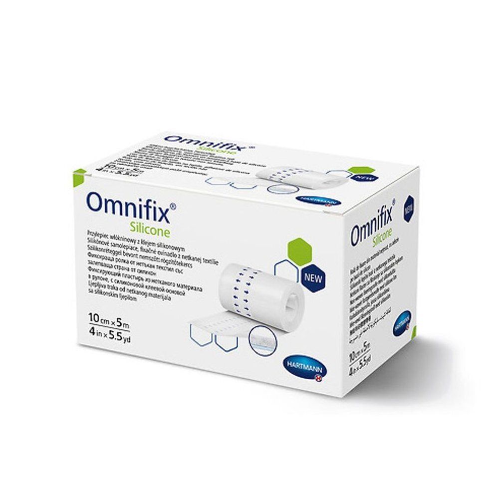 Verpakking van Omnifix Silicone. Witte doos met productafbeelding en tekst. Afmeting: 10 cm x 5 m.