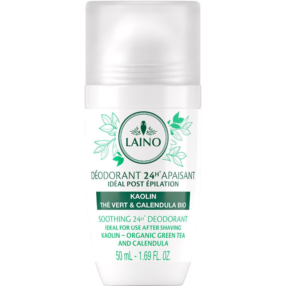 Witte roll-on deodorant met groene accenten. Opschrift: Laino, Déodorant 24h apaisant, idéal post épilation. Bevat kaolin, groene thee en calendula.