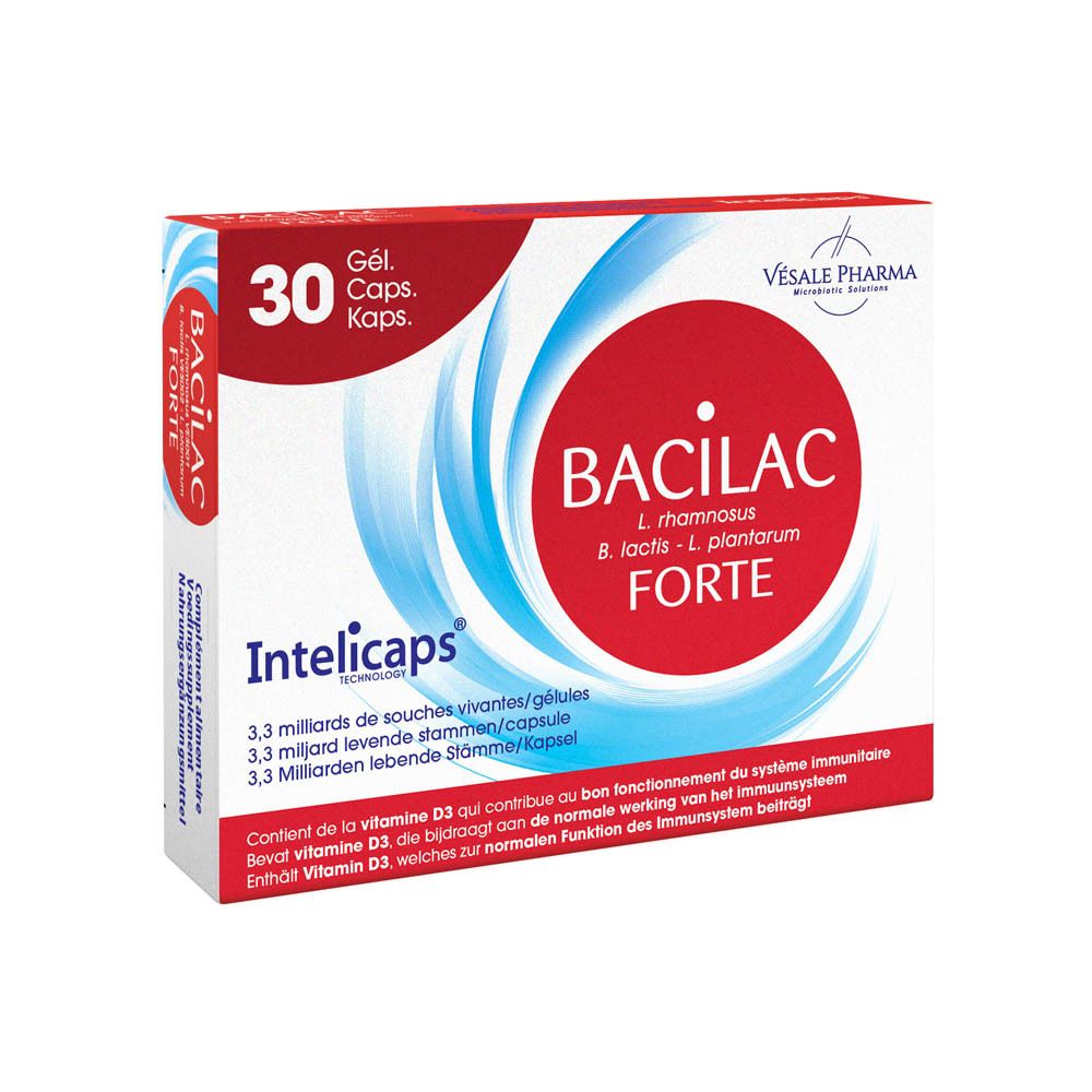Verpakking van Bacilac Forte Intelicaps. Rode cirkel met witte tekst BACILAC FORTE. 30 capsules. Bevat vitamine D3.