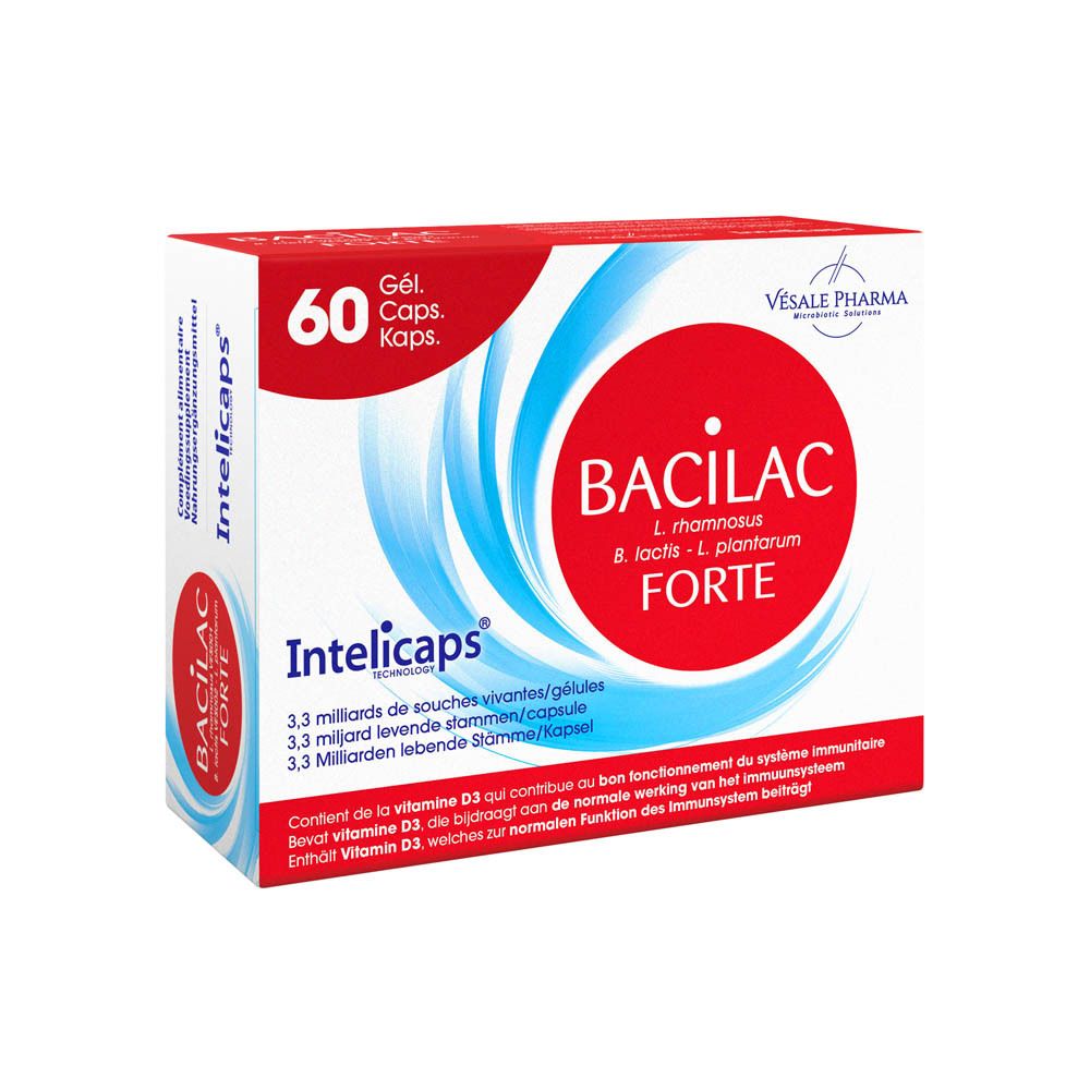 Verpakking van Bacilac Forte Intelicaps. Rode en witte doos met productnaam en logo. Bevat 60 capsules.