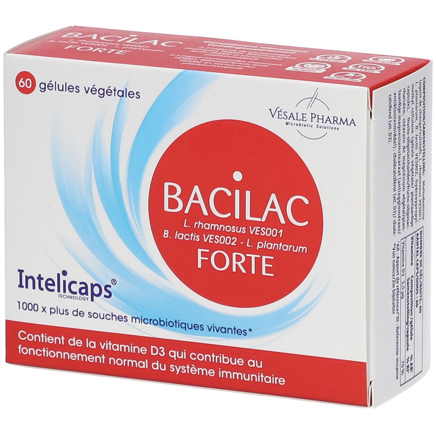 Doos "Bacilac Forte Intelicaps". Rode cirkel met witte tekst. 60 capsules. Bevat vitamine D3. Vesale Pharma.