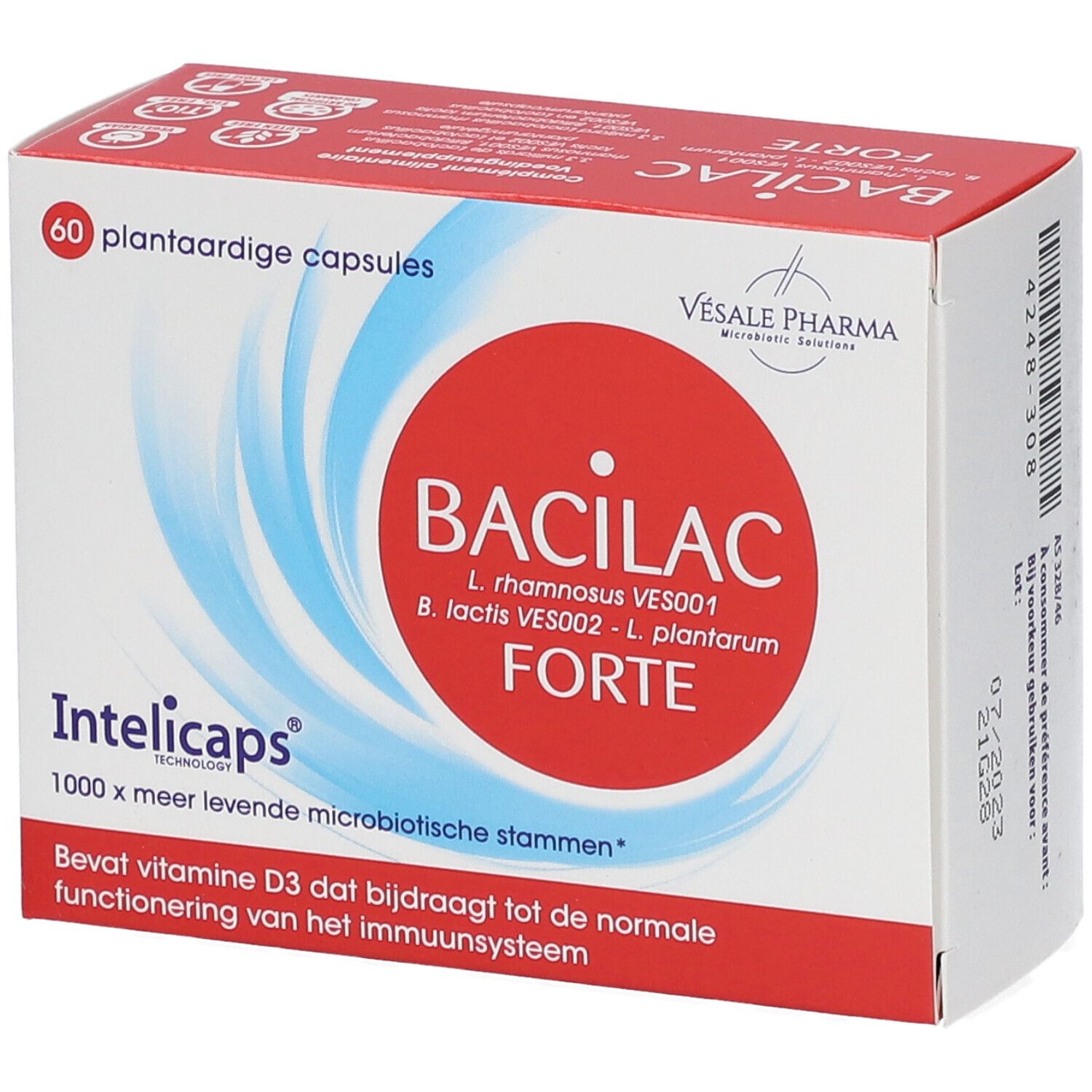 Doos "Bacilac Forte Intelicaps". Rode cirkel met witte tekst. 60 capsules. Bevat vitamine D3. Vesale Pharma.
