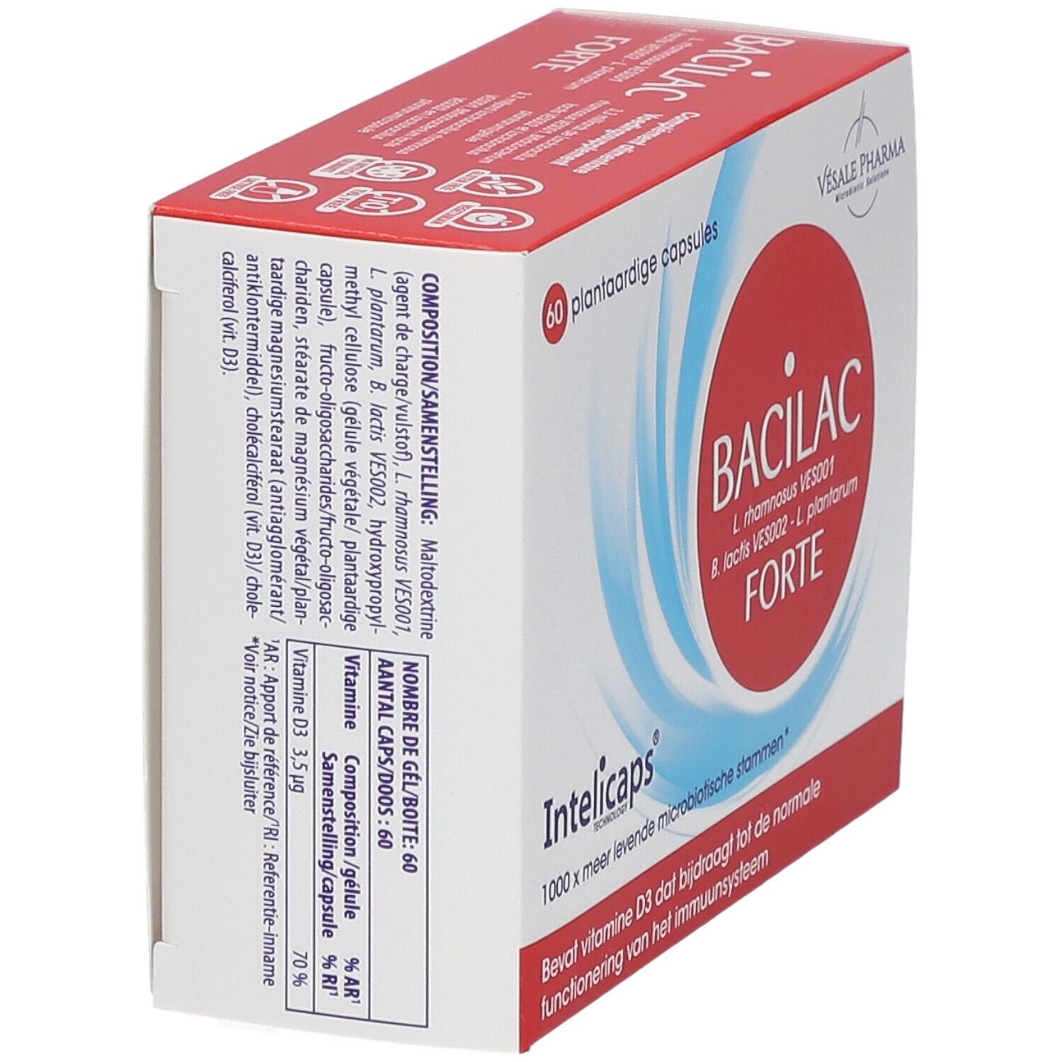 Doos "Bacilac Forte Intelicaps". Rode cirkel met witte tekst. 60 capsules. Bevat vitamine D3. Vesale Pharma. Ingrediënten.
