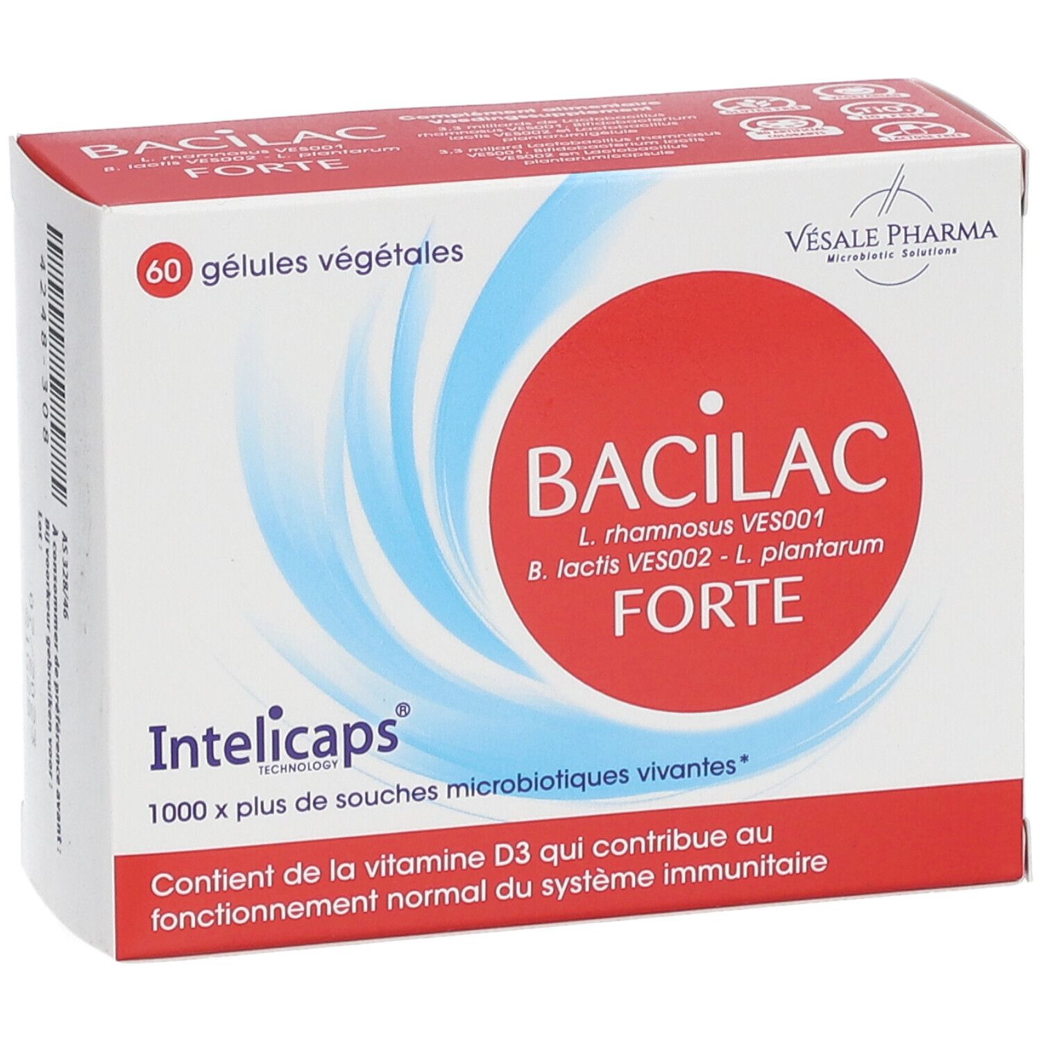 Doos "Bacilac Forte Intelicaps". Rode cirkel met witte tekst. 60 capsules. Bevat vitamine D3. Vesale Pharma.