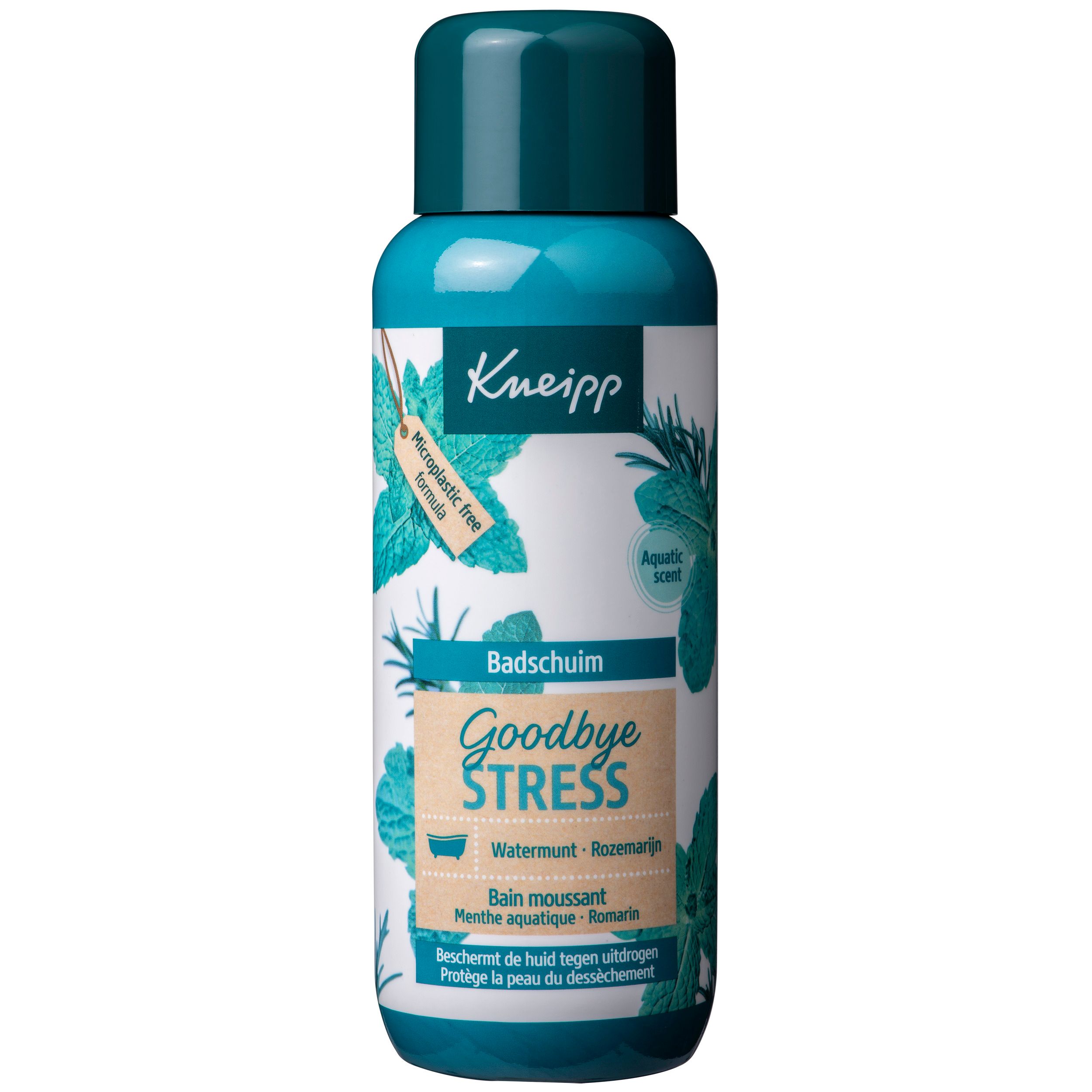 Turquoise-witte fles met groene dop. Opschrift: Goodbye Stress, badschuim, watermunt-rozemarijn. Kneipp logo.