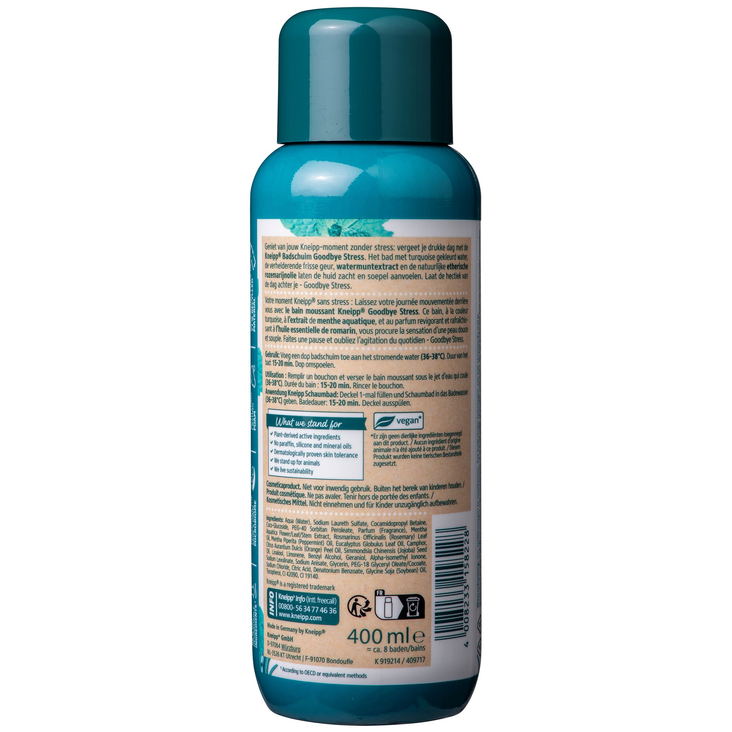 Dos du flacon. Informations textuelles, ingrédients, mode d'emploi. 400 ml. Label vegan. Symbole de recyclage.