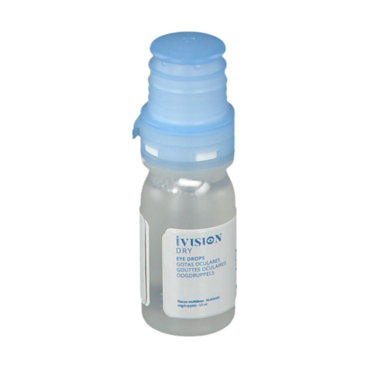 Flacon de gouttes ophtalmiques avec bouchon bleu. Inscription : iVision Dry, Eye Drops, Gotas Oculares, Gouttes Oculaires.