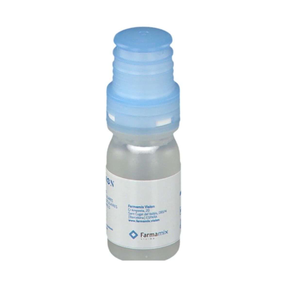 Flacon de gouttes ophtalmiques avec bouchon bleu. Inscription : iVision Dry, Eye Drops, Gotas Oculares, Gouttes Oculaires.