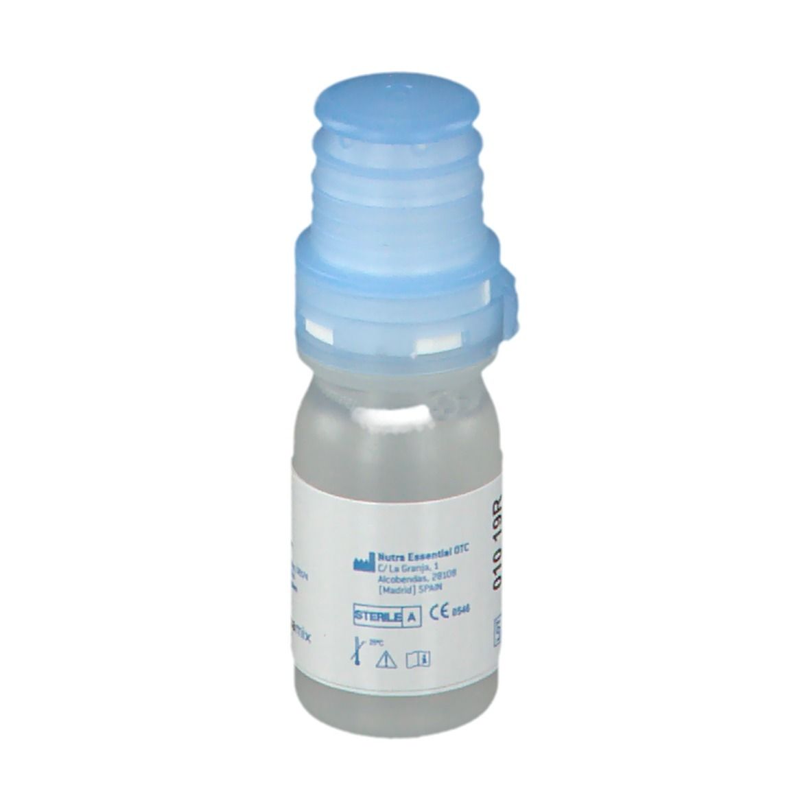 Flacon de gouttes ophtalmiques avec bouchon bleu. Inscription : iVision Dry, Eye Drops, Gotas Oculares, Gouttes Oculaires.