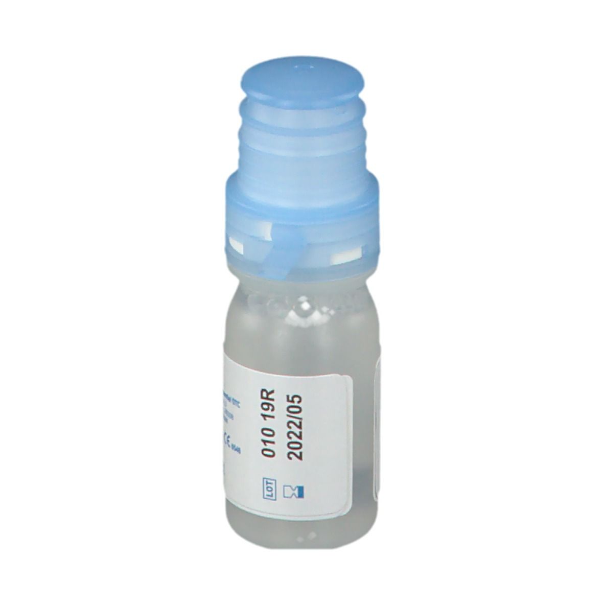 Flacon de gouttes ophtalmiques avec bouchon bleu. Inscription : iVision Dry, Eye Drops, Gotas Oculares, Gouttes Oculaires.