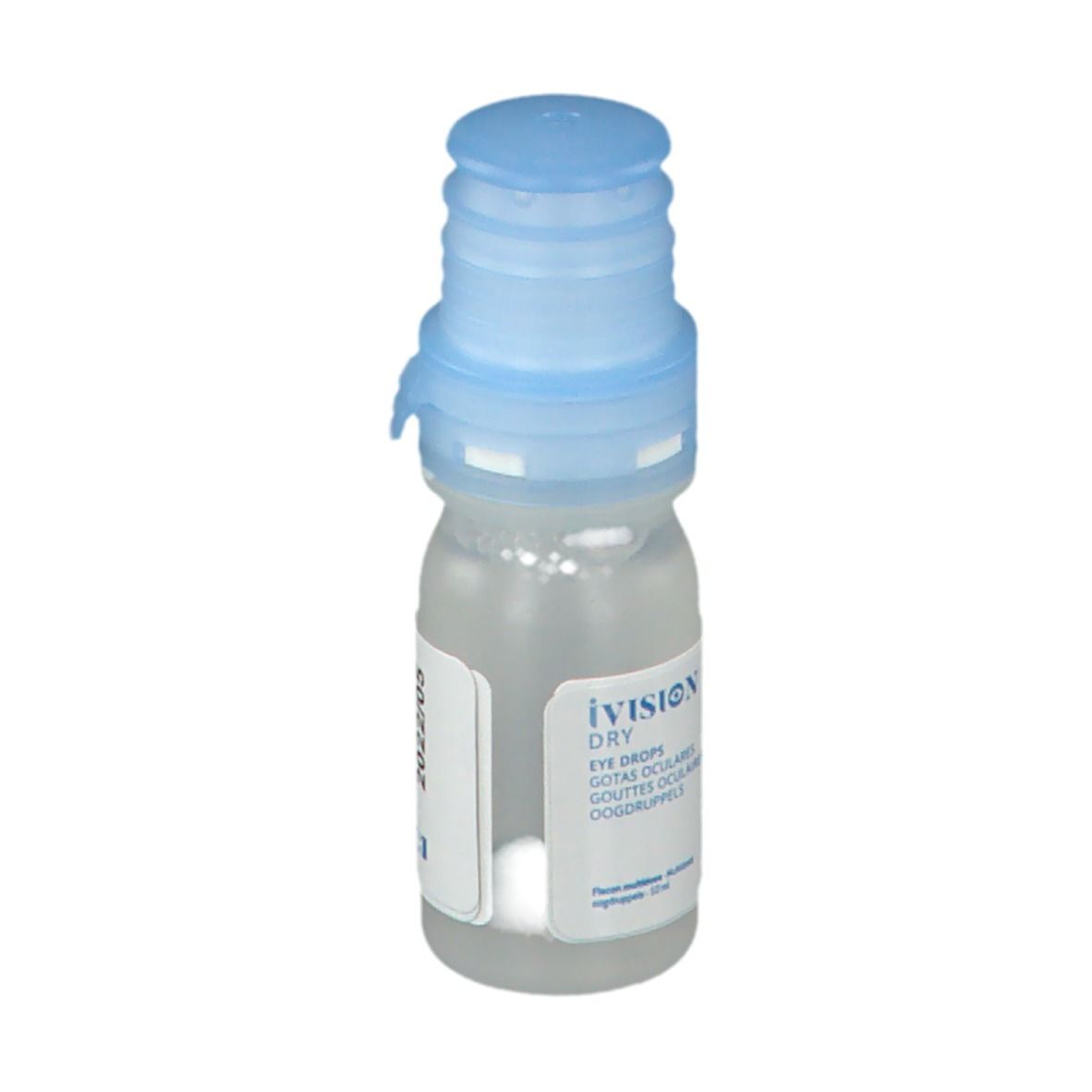 Flacon de gouttes ophtalmiques avec bouchon bleu. Inscription : iVision Dry, Eye Drops, Gotas Oculares, Gouttes Oculaires.