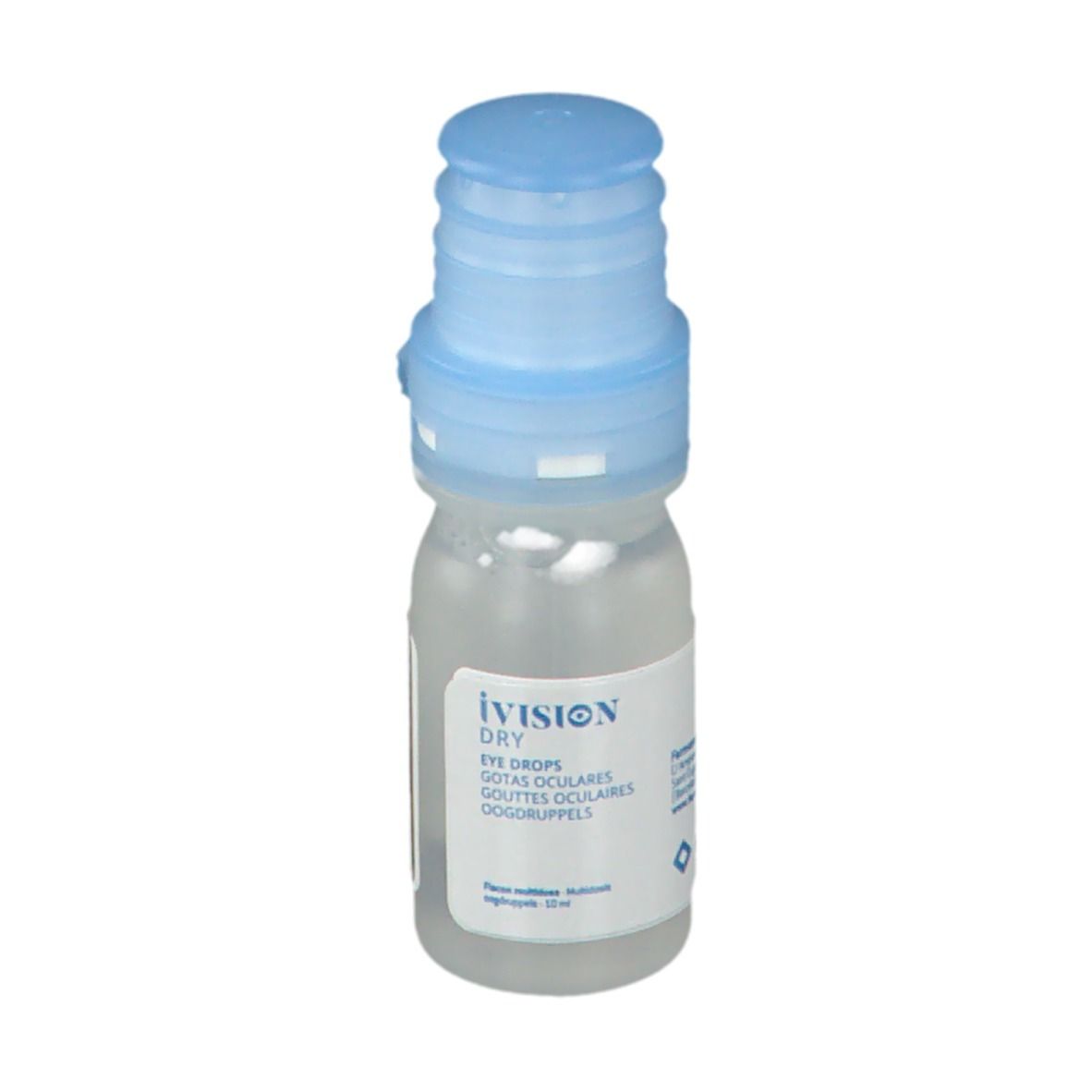 Flacon de gouttes ophtalmiques avec bouchon bleu. Inscription : iVision Dry, Eye Drops, Gotas Oculares, Gouttes Oculaires.