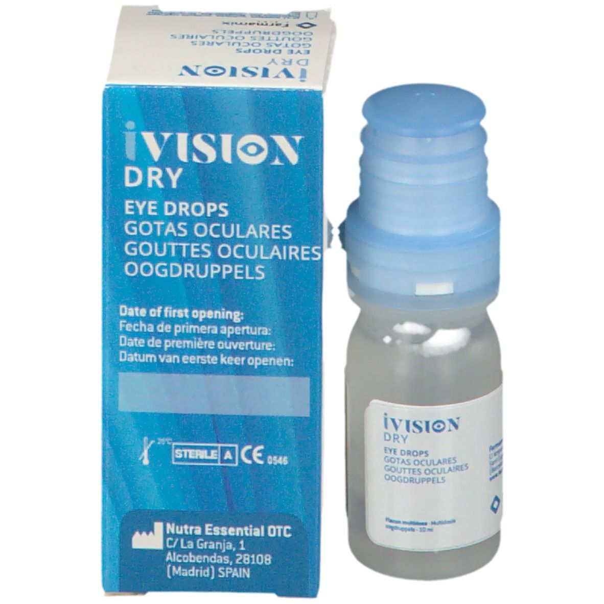 Emballage de gouttes ophtalmiques iVision Dry avec flacon et boîte. Inscription : Eye Drops, Gotas Oculares, Gouttes Oculaires.