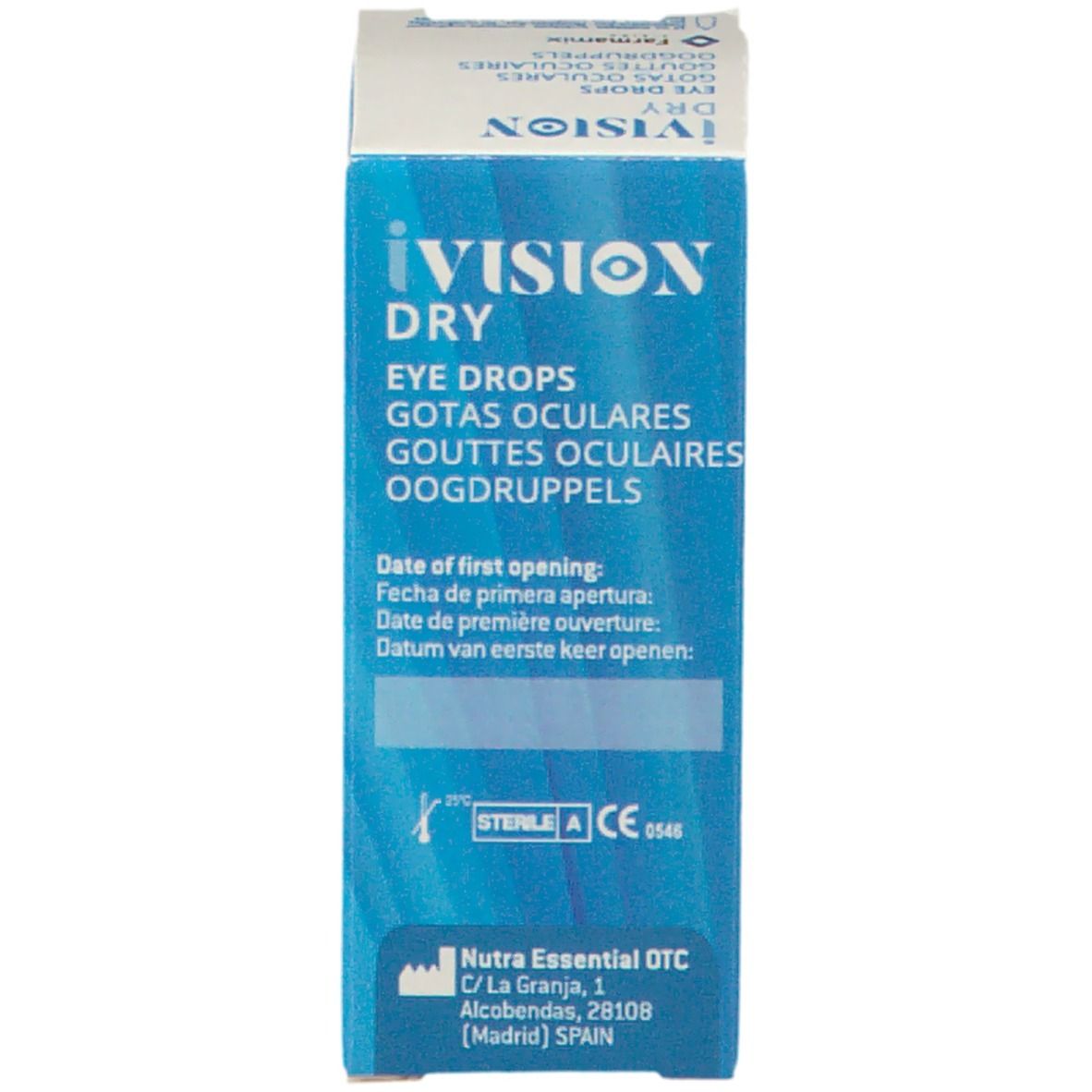 Boîte bleue avec logo iVision Dry et nom du produit. Inscription : Eye Drops, Gotas Oculares, Gouttes Oculaires.