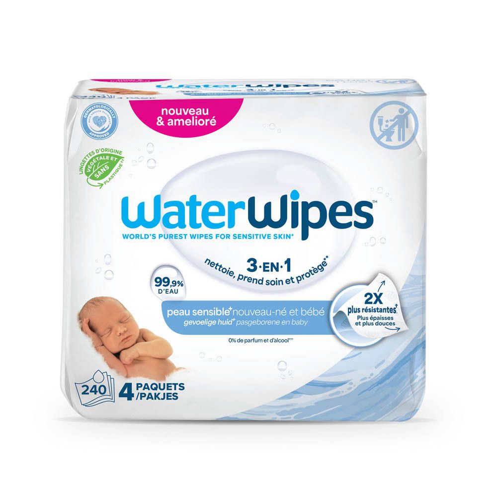 Paquet de lingettes WaterWipes. 4 paquets de 240 lingettes. Inscriptions : 99,9% d'eau, 3-en-1, peau sensible, 2x plus épaisses.