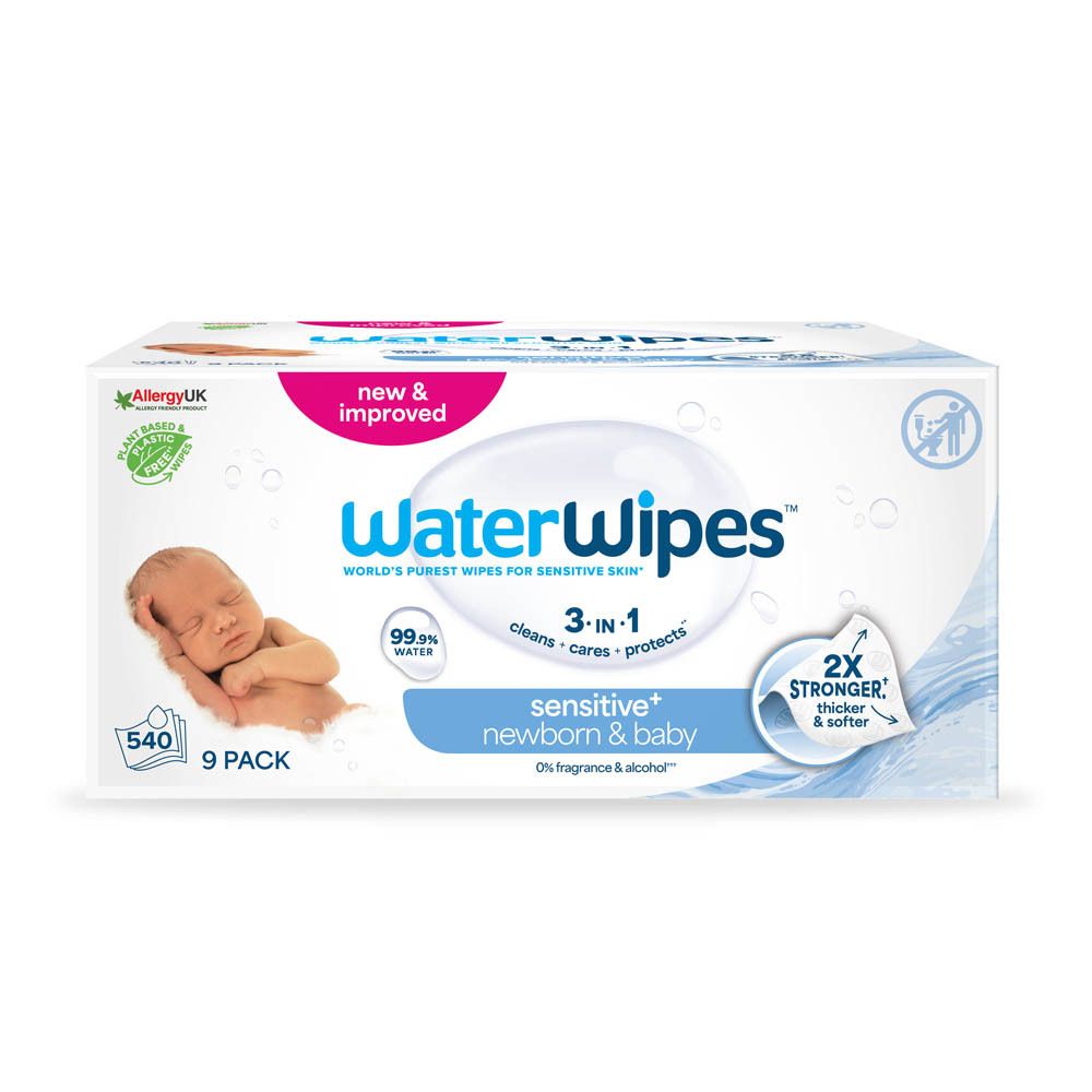 WaterWipes® doekjes, 9 stuks. Verpakking met baby-illustratie en productinformatie. Bevat 99,9% water.