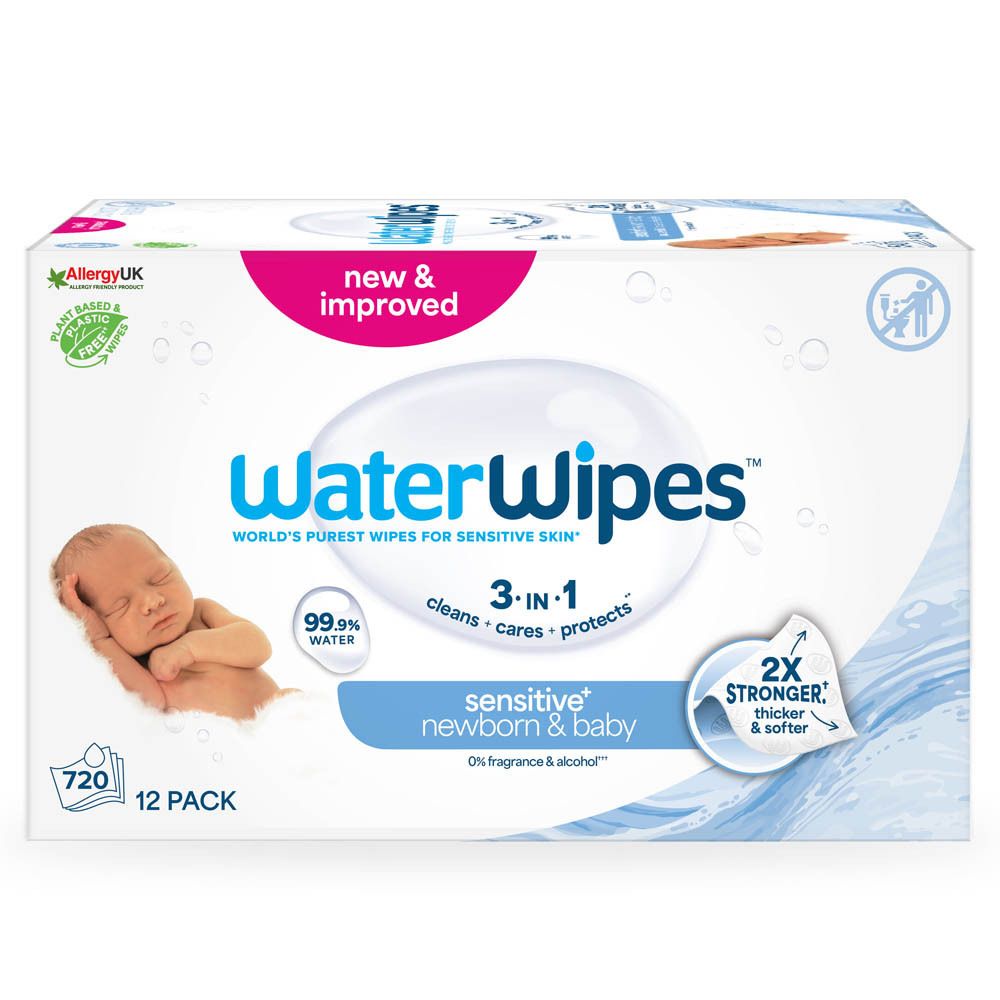 Paquet de 12 WaterWipes®. Pour peaux sensibles. 3-en-1: nettoie, prend soin, protège.