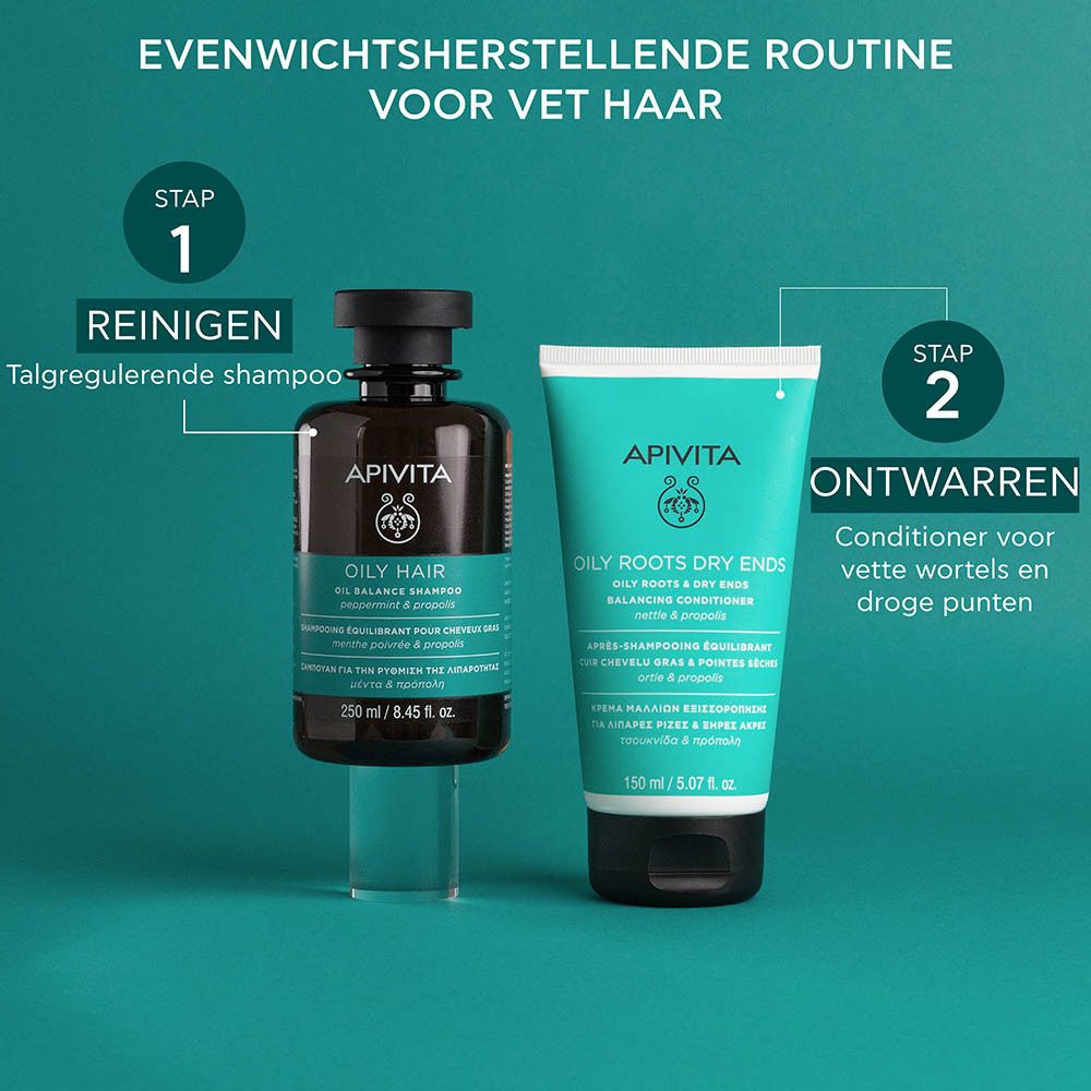 APIVITA Oily Hair Shampoo fles met zwarte dop, 250 ml, vooraanzicht.