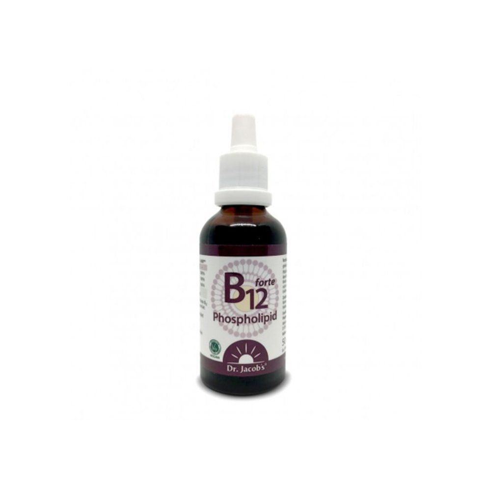 Bruine glazen fles met witte druppelaar. Etiket met B12 forte, Phospholipid en Dr. Jacobs.
