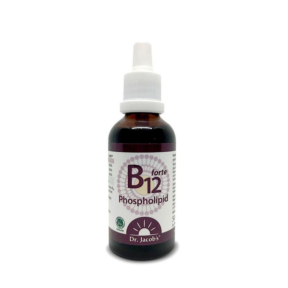 Bruine glazen fles met witte druppelaar. Etiket met B12 forte, Phospholipid en Dr. Jacobs.