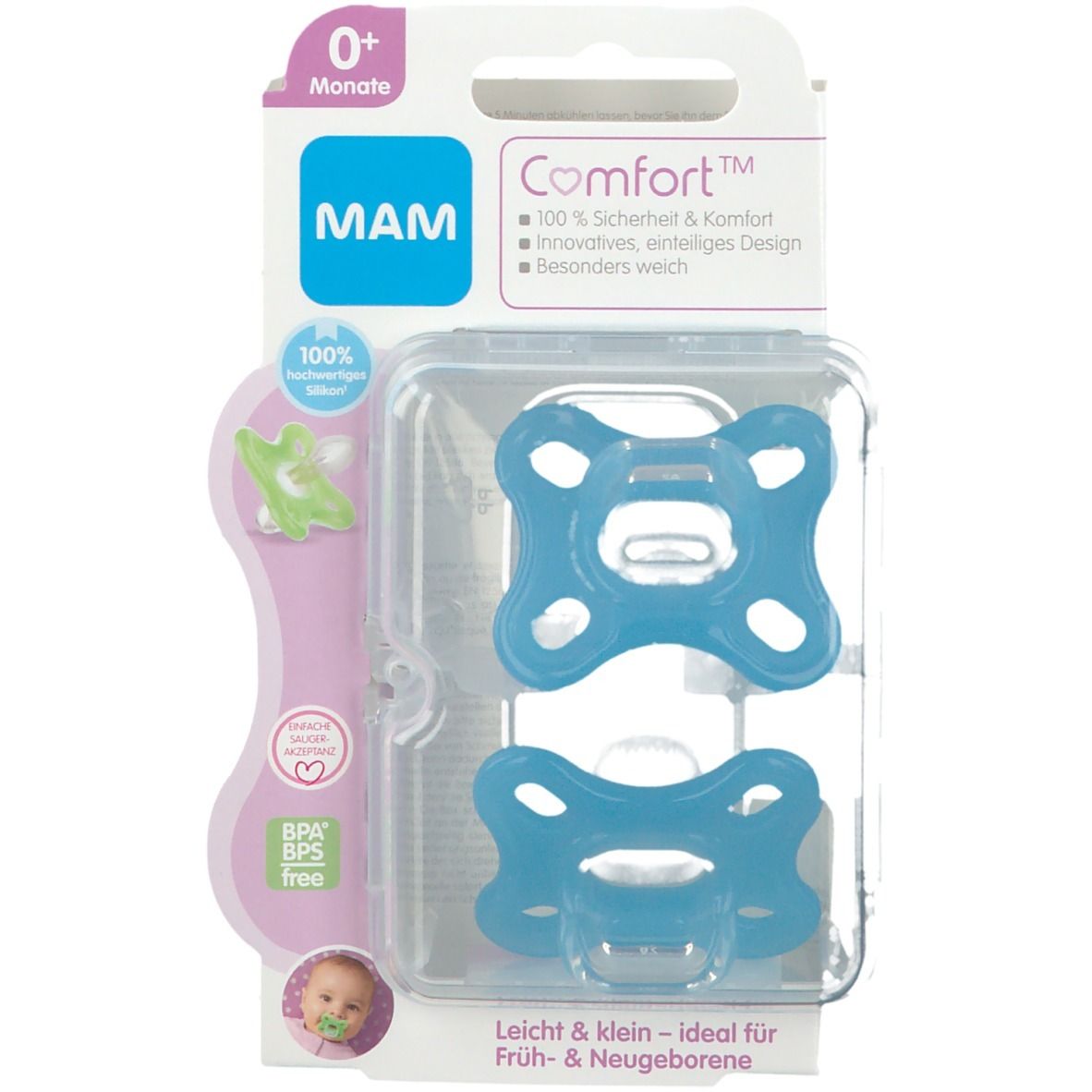 Verpakking met twee blauwe MAM Comfort fopspenen. Voor 0+ maanden. BPA/BPS-vrij. Zachte siliconen.