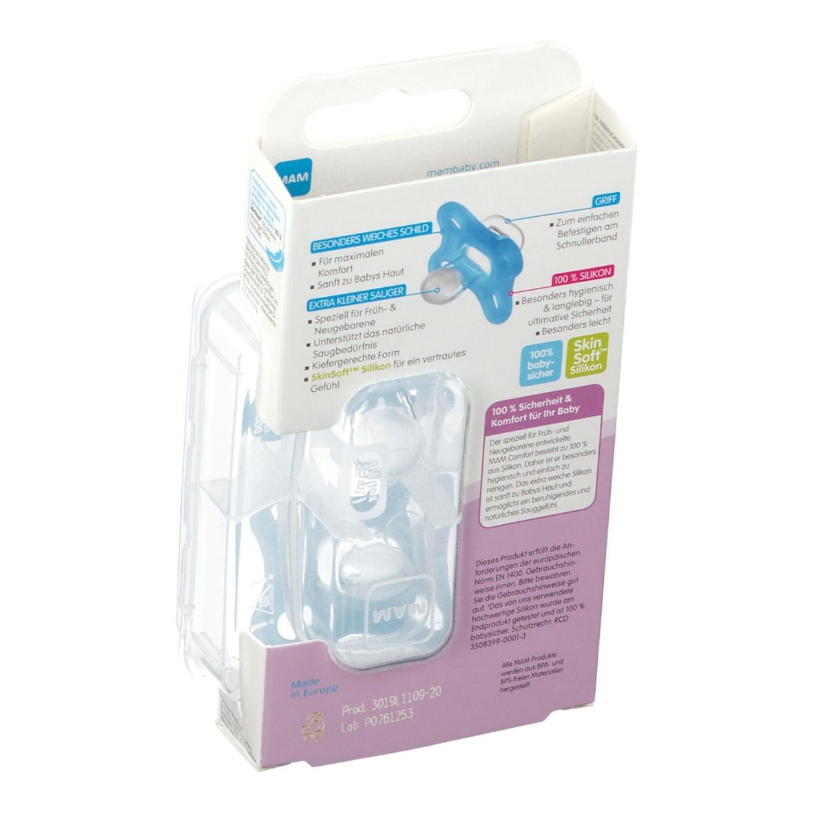 Achterkant van de verpakking met twee blauwe MAM Comfort fopspenen. Voor 0+ maanden. Productinformatie.