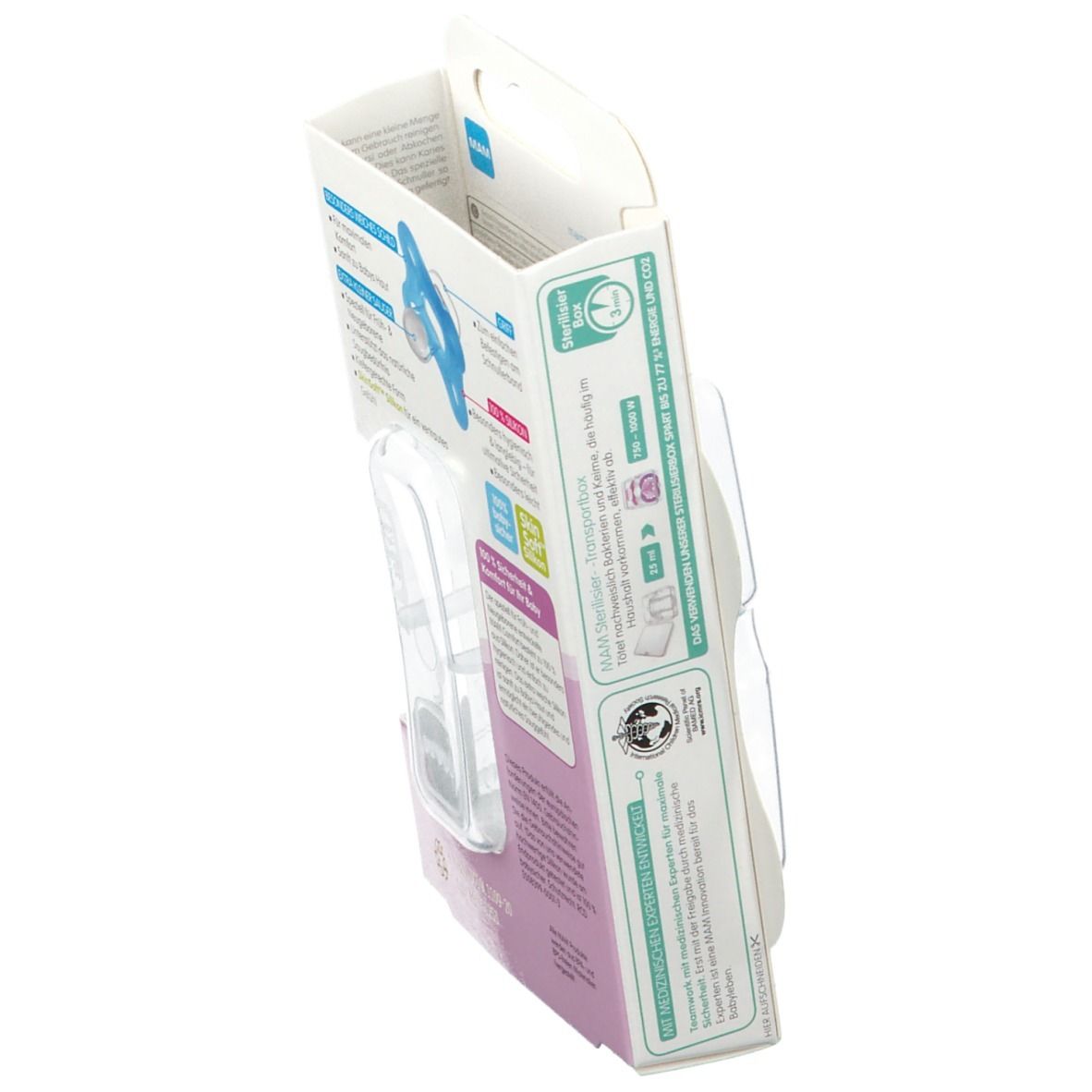 Zijaanzicht van de verpakking met productinformatie. MAM Comfort. Voor 0+ maanden. Recyclingsymbool.