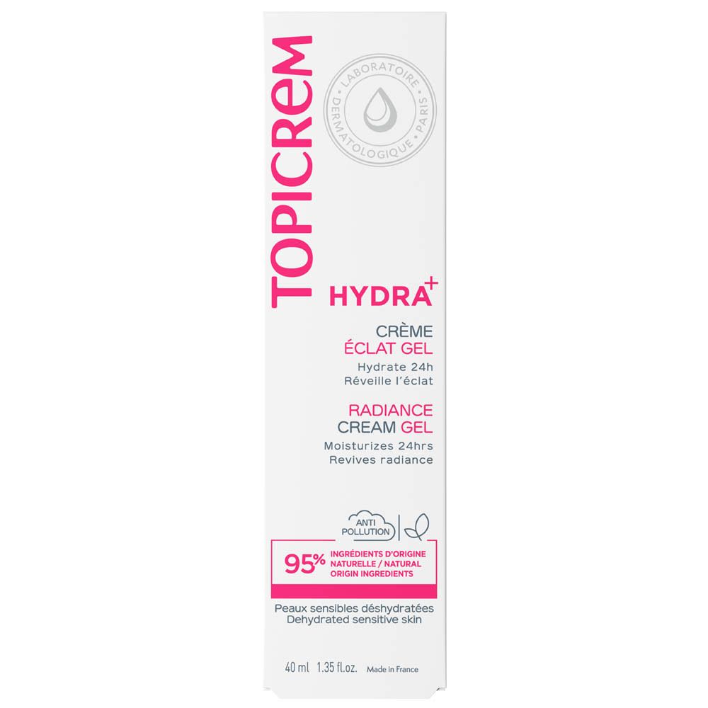 Witte tube met roze dop. TOPICREM Hydra+ Crème Éclat Gel. 40ml. Voor gevoelige huid.