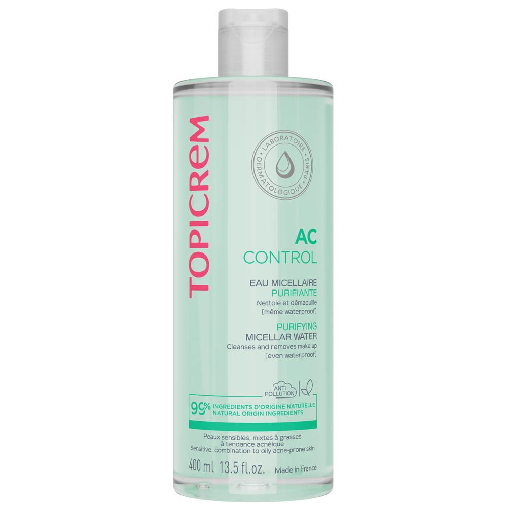 Topicrem AC Control Eau Micellaire. Flacon avec bouchon blanc. Étiquette rose et verte avec informations produit.