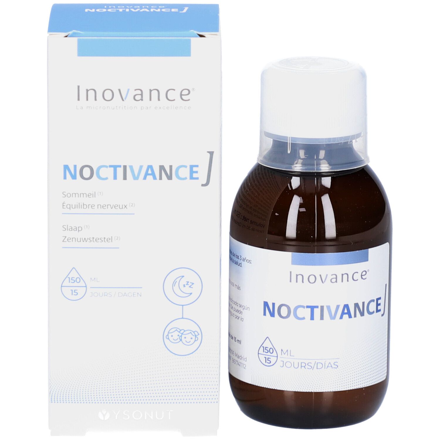 Emballage et flacon. Inscription: NOCTIVANCE J, 150 ml. Logo Inovance. Symbole de sommeil.