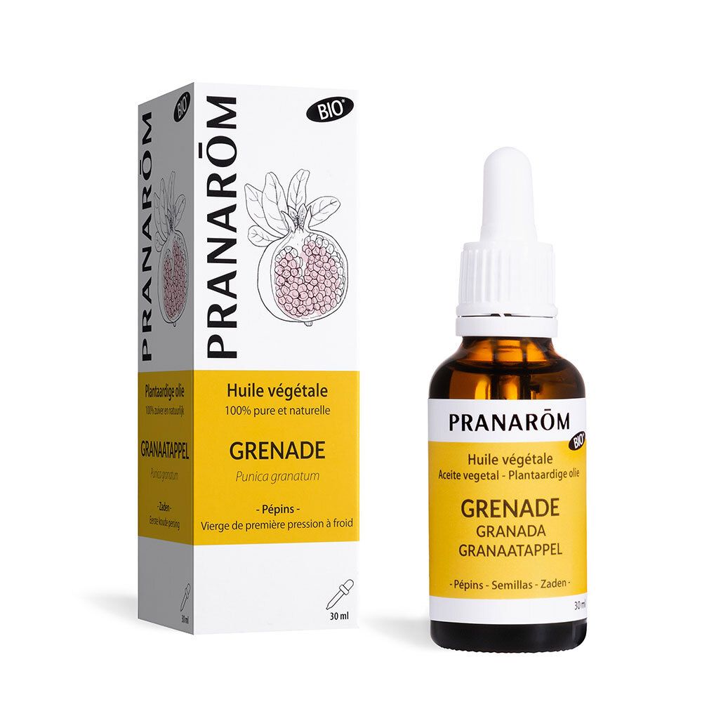 Bruine glazen fles met pipet en doos. Opschrift: PRANARÔM, Granaatappel. Bio-certificering.
