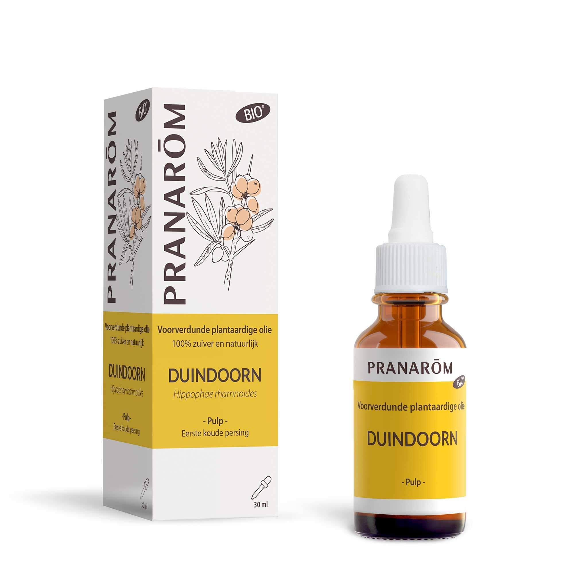 Bruine glazen fles met pipet en geel etiket. Doos met productinformatie.