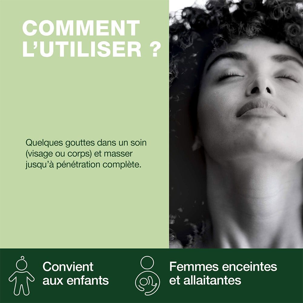 Vrouw met gesloten ogen. Tekst: Toepassing: een paar druppels op gezicht of lichaam.