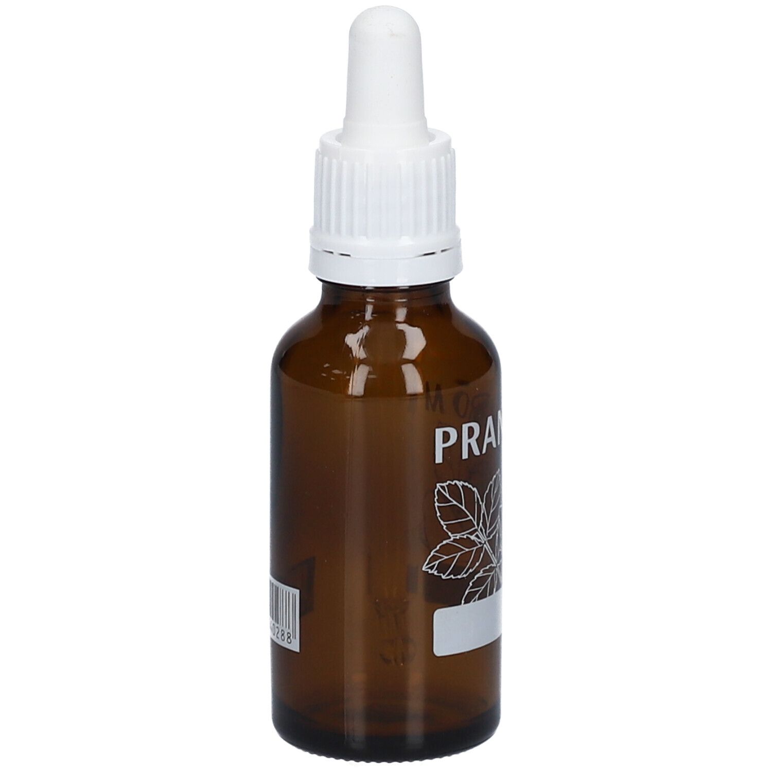 Bruine glazen fles met witte druppelaar en witte schroefdop. Barcode aan de linkerkant.