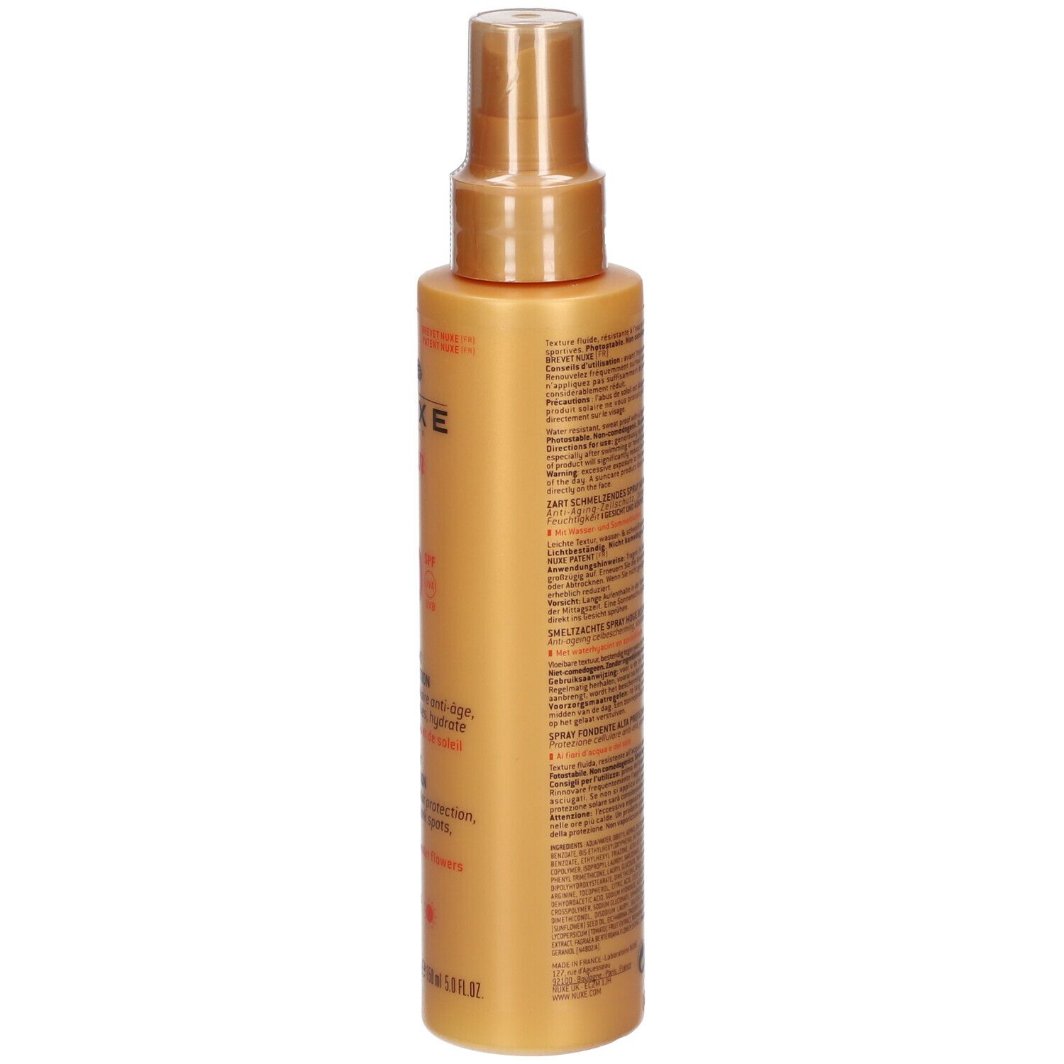 Flacon spray doré. Dos avec texte en plusieurs langues. Contient des informations sur le produit.