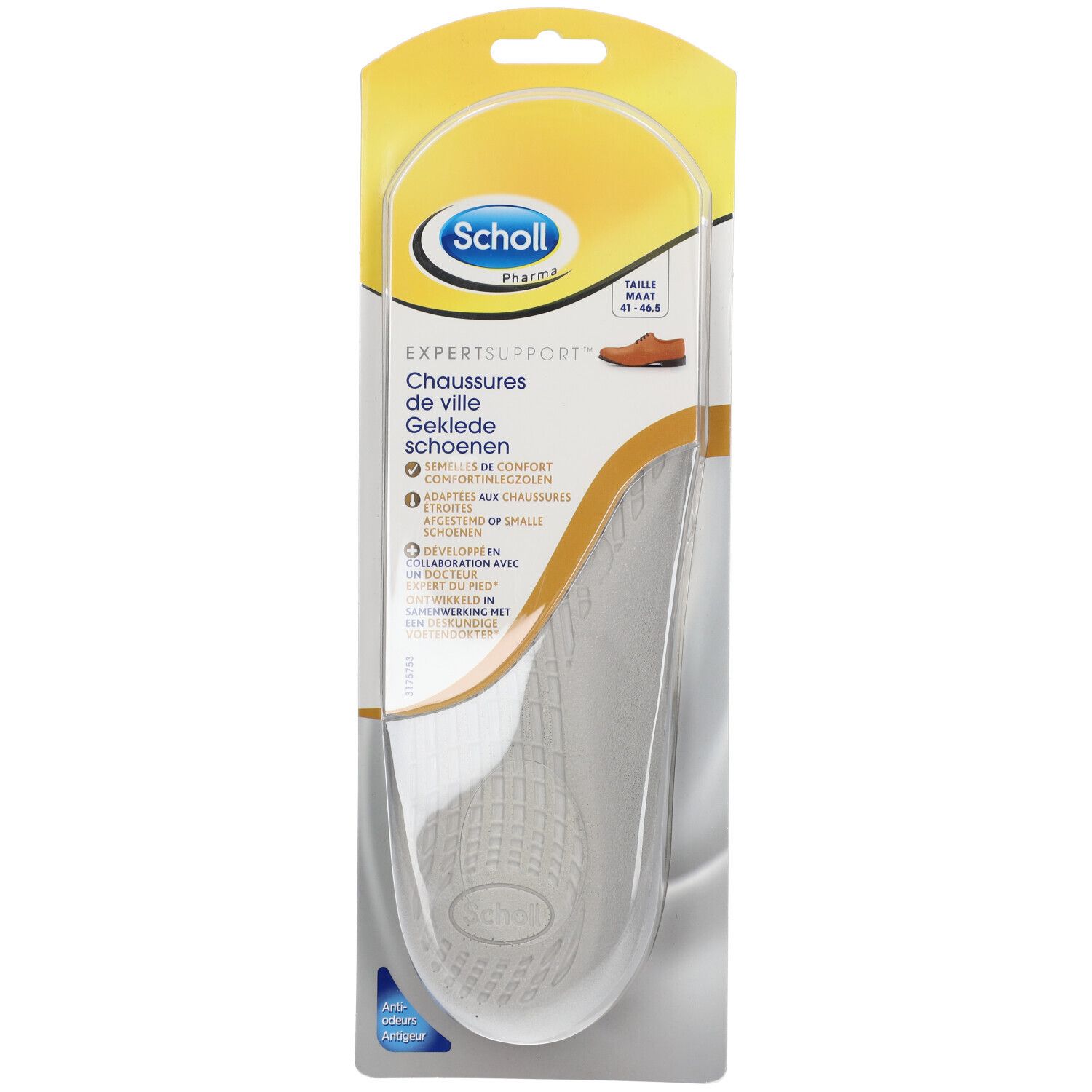 Scholl ActivGel inlegzolen in verpakking. Zichtbaar: gel-inlegzool, maat 41,5-46,5, merklogo.