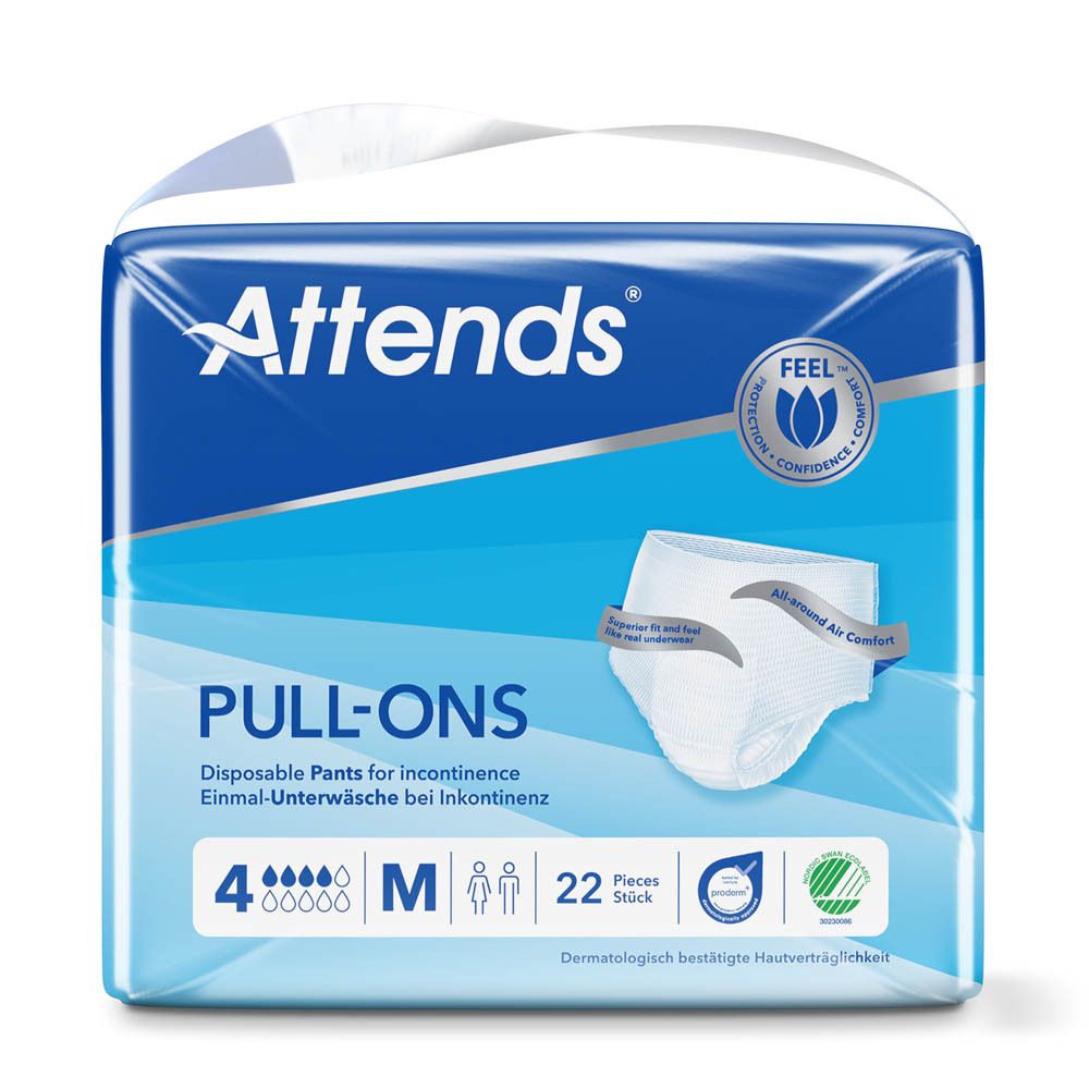 Attends Pull-Ons 4 Medium. Pantalon jetable pour incontinence. Emballage bleu. Taille M. 22 pièces. Testé dermatologiquement.