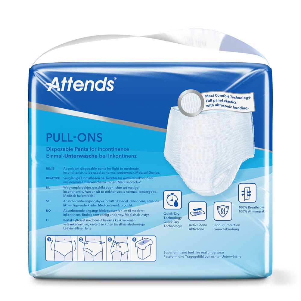 Attends Pull-Ons 4 Medium. Wegwerponderbroek voor incontinentie. Blauwe verpakking. Maat M. 22 stuks. Product en verpakking.