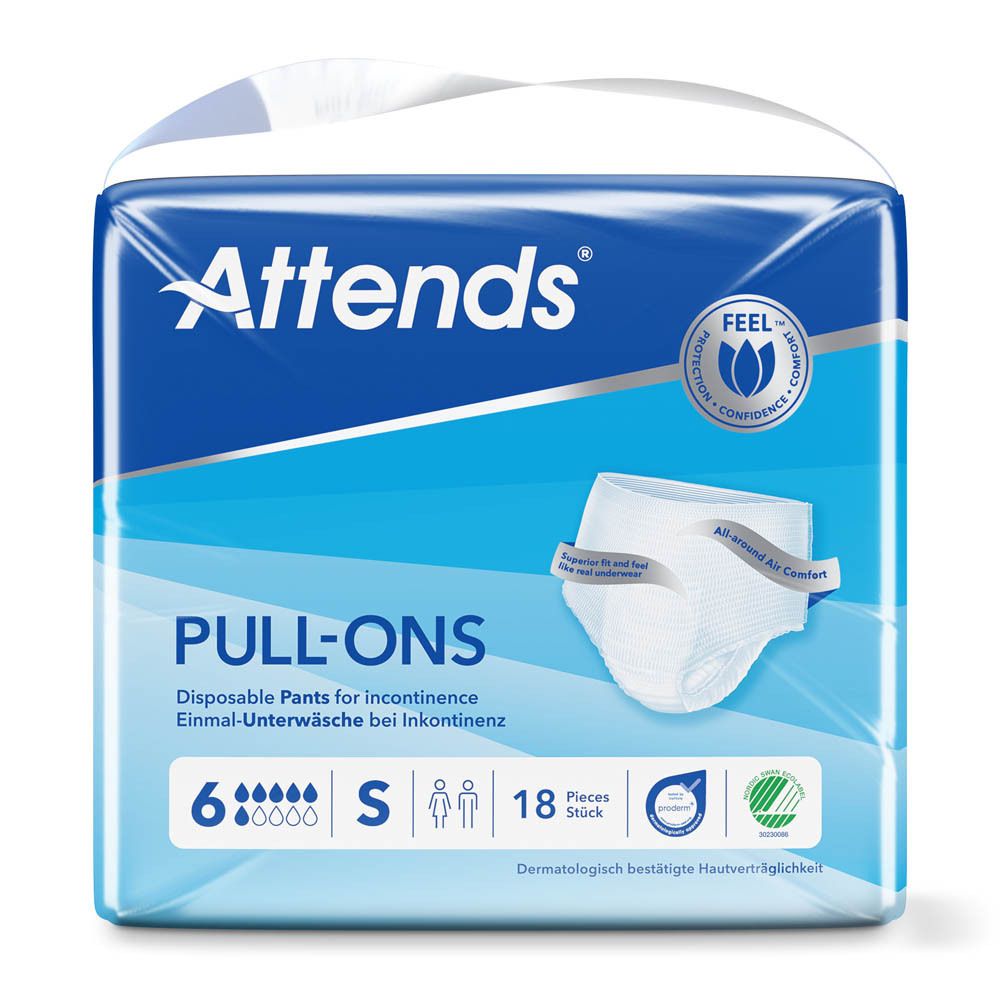 Attends® Slip Pull-Ons 6 Small. Blauwe verpakking. 18 stuks. Absorptie 6 druppels. Maat S. Dermatologisch getest.