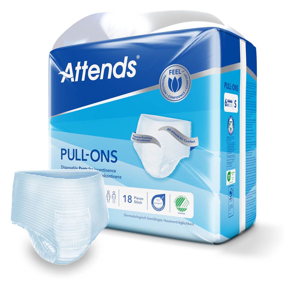 Attends® Slip Pull-Ons 6 Small. Emballage bleu. 18 pièces. Absorption 6 gouttes. Taille S. Testé dermatologiquement.