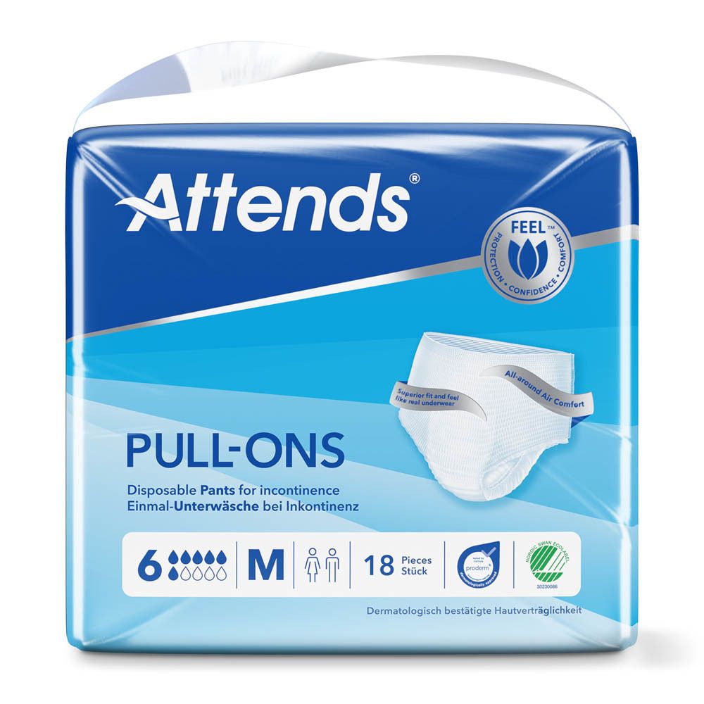 Attends Pull-Ons 6 Medium. Paquet de 18. Emballage bleu avec image du produit et nom de la marque.