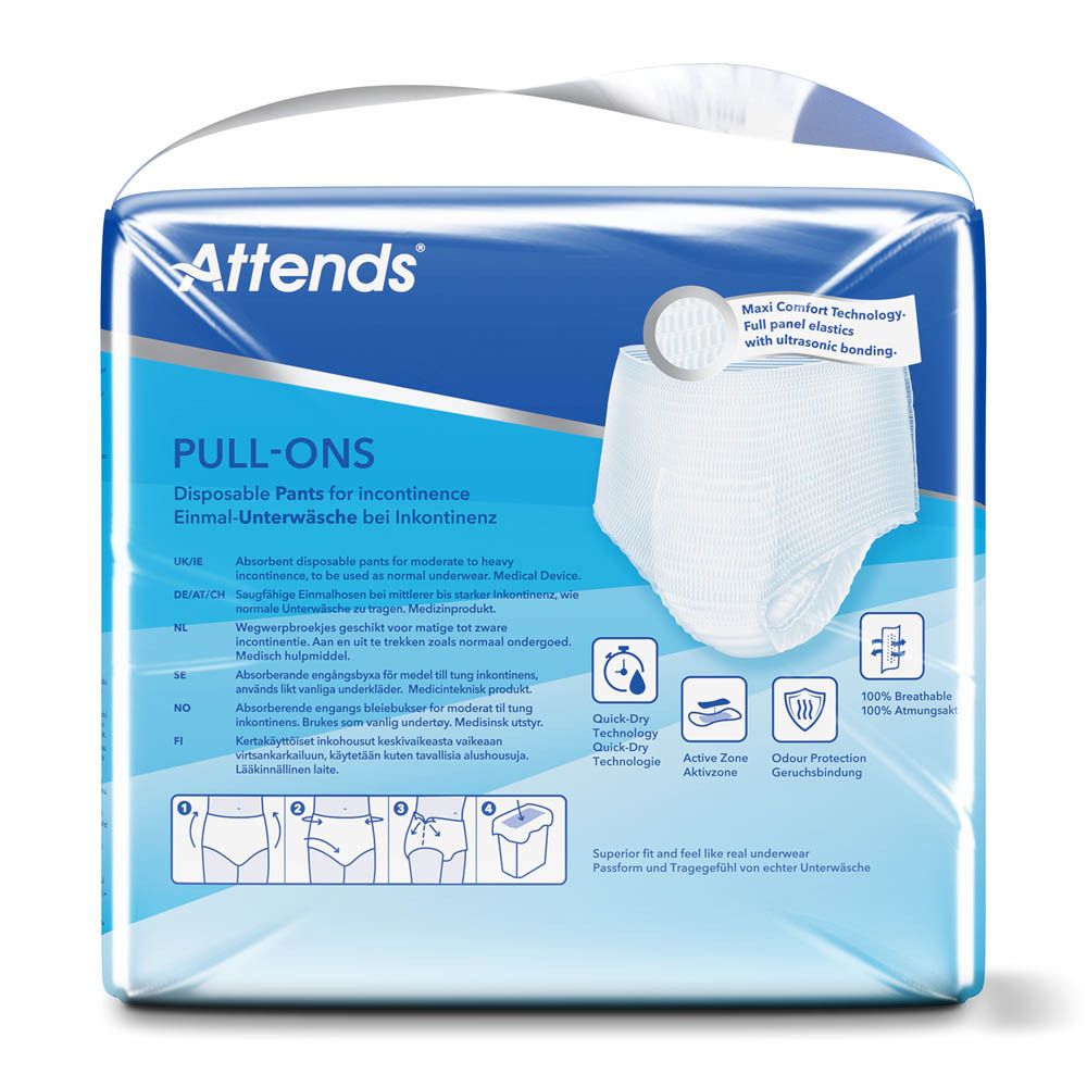 Paquet Attends® Slip Pull-Ons 6 XL. Emballage bleu avec image du produit. 16 pièces. Testé dermatologiquement.