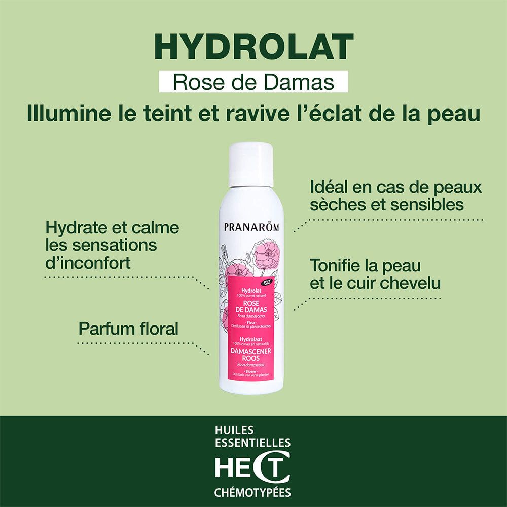 Witte sprayfles met roze etiket. Tekst: PRANAROM, Rose de Damas, Hydrolat. Extra informatie.