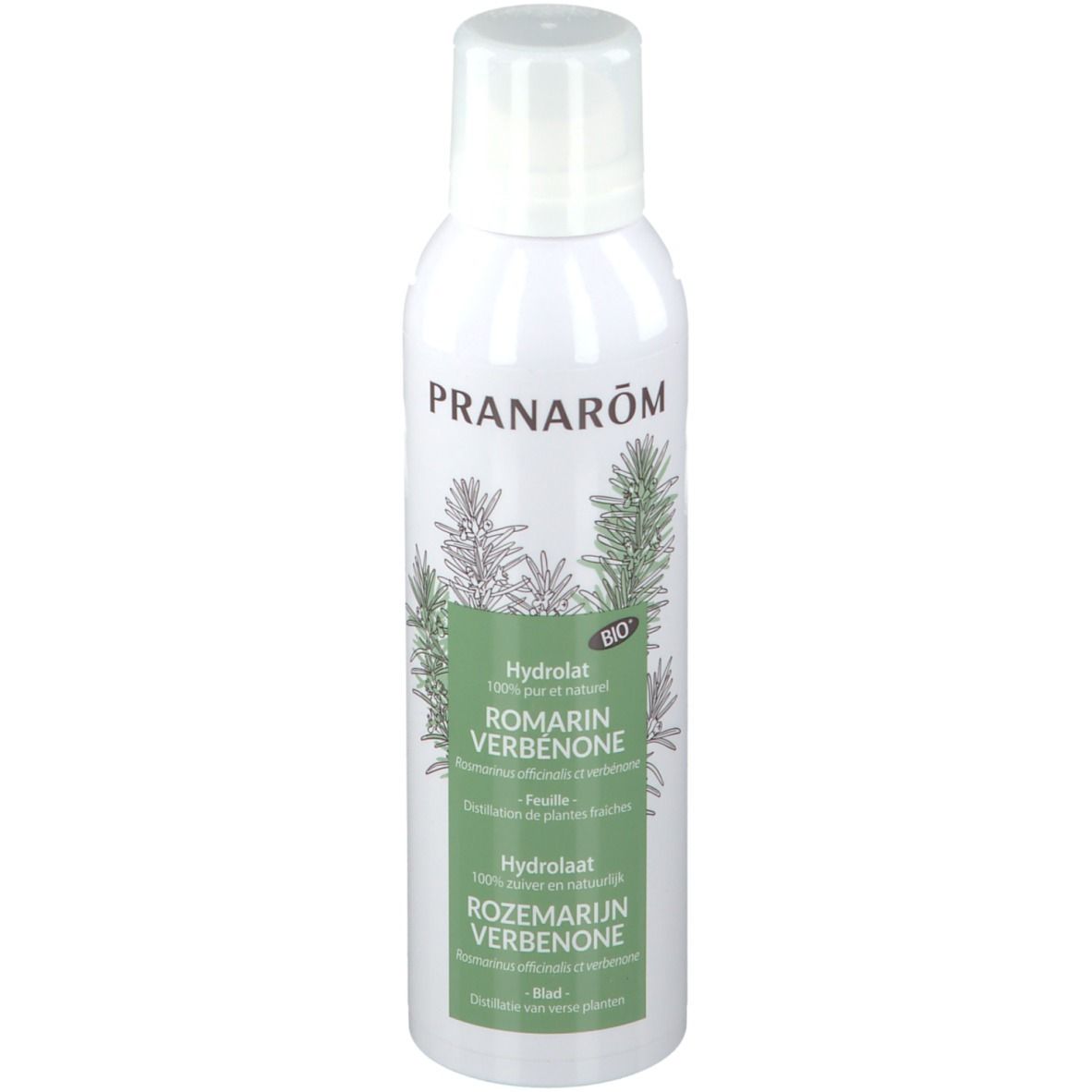 Witte spuitfles met groen etiket. Opschrift: PRANAROM, ROMARIN VERBENONE, BIO. Illustratie van rozemarijn takken.