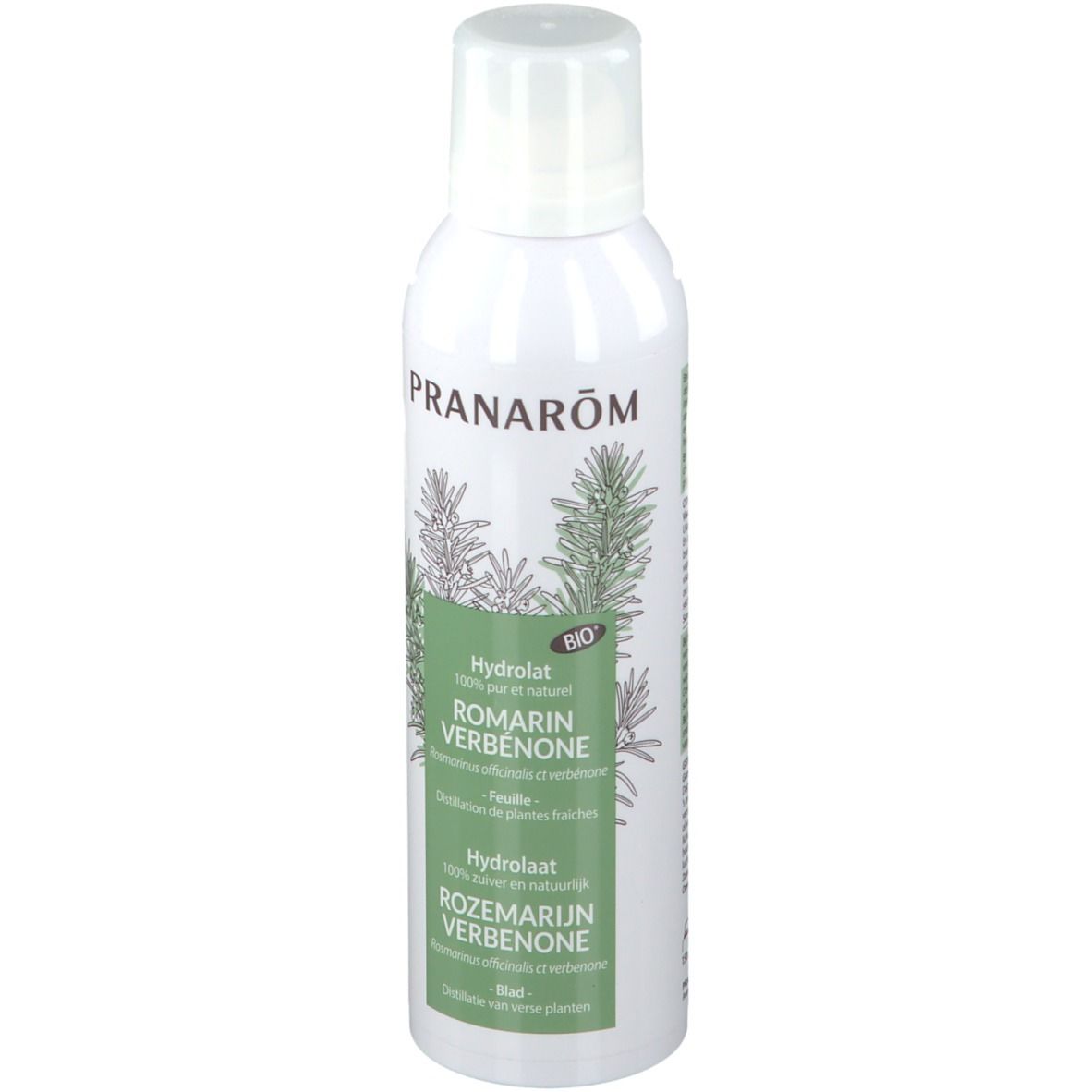 Witte spuitfles met groen etiket. Opschrift: PRANAROM, ROMARIN VERBENONE, BIO. Illustratie van rozemarijn takken.