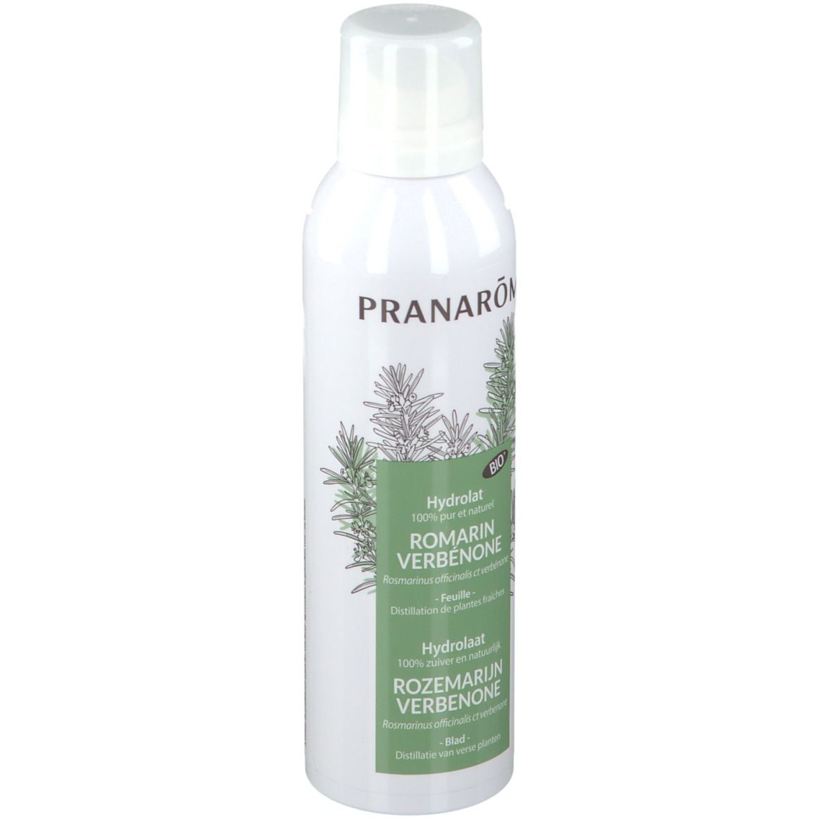 Witte spuitfles met groen etiket. Opschrift: PRANAROM, ROMARIN VERBENONE, BIO. Illustratie van rozemarijn takken.