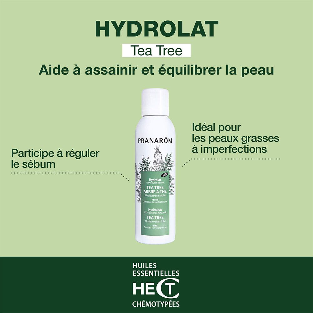 Fond vert avec image du produit. Texte: Hydrolat, Tea Tree. Aide à assainir et équilibrer la peau.
