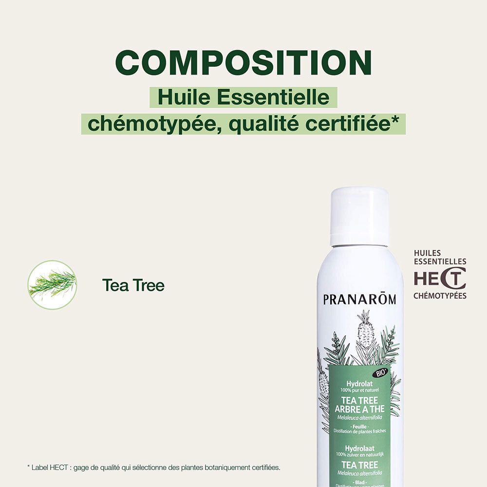 Fond vert. Texte: Huile Essentielle chémotypée, qualité certifiée. Tea Tree.